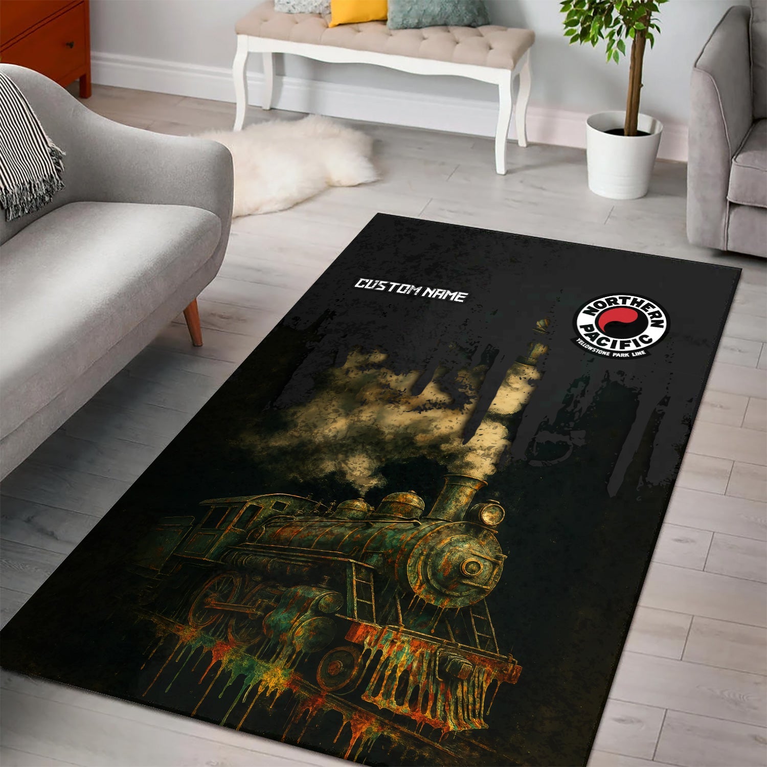 Railspirit Personalized Northern Pacific Railway Area Rug Vintage Train Art Style Rug For Locomotive Fans