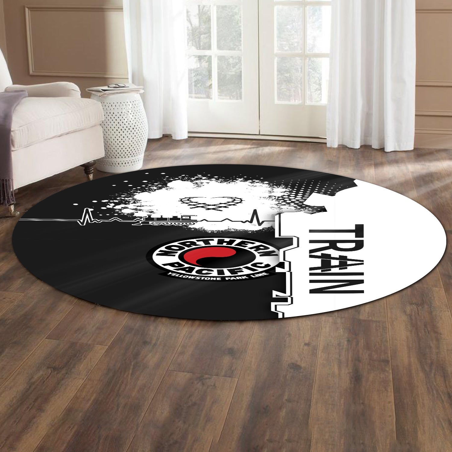 Railspirit Northern Pacific Railway Round Mat Engine Heartbeat and Track Love Style Mat Gift Idea For Train Lovers