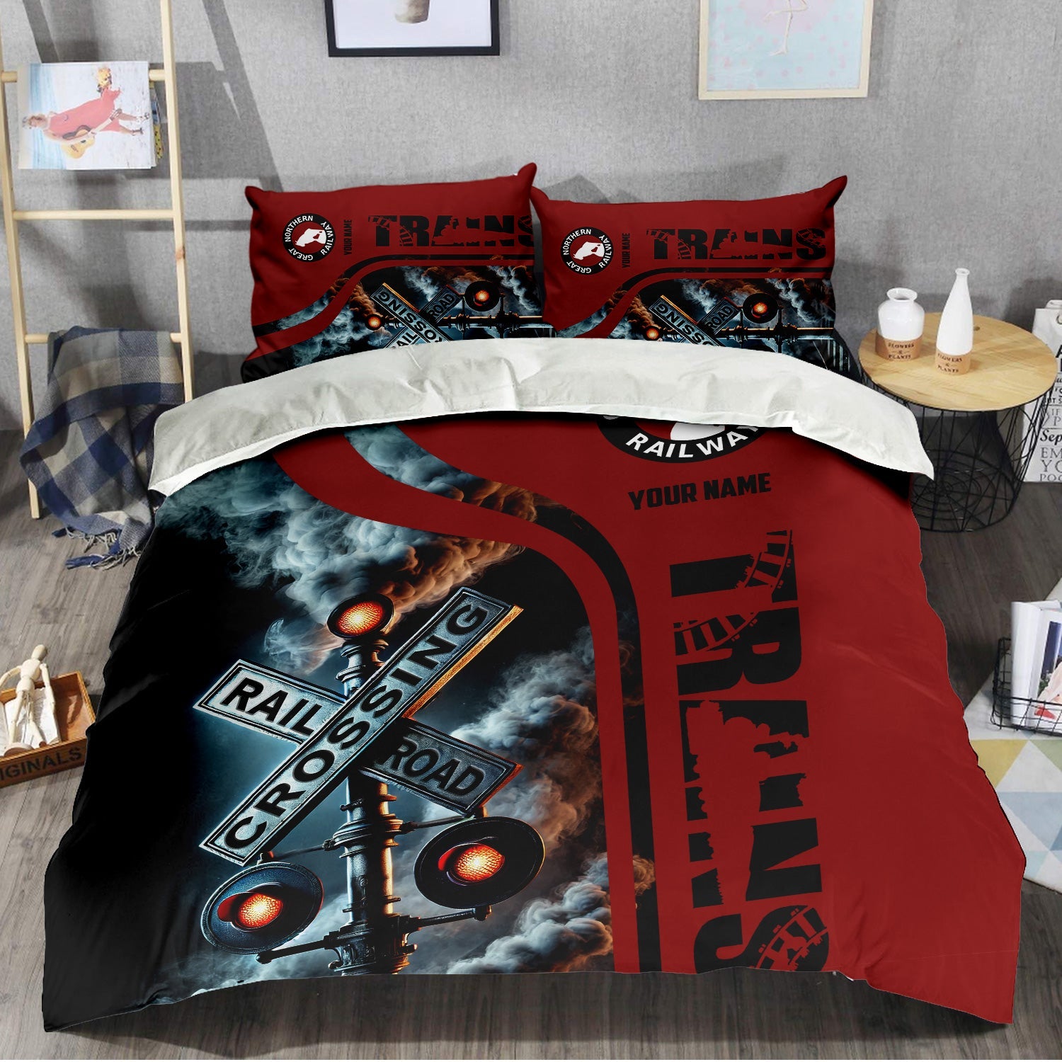 Railspirit Personalized Great Northern Railway Bedding Set Railroad Crossing Sign GNR Bedding Set All Over Print