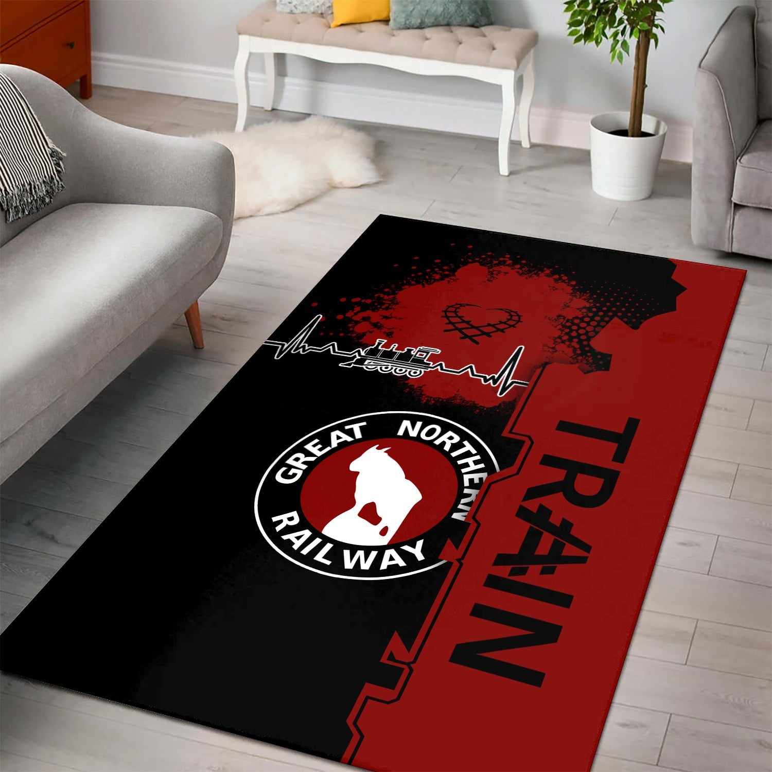 Railspirit Great Northern Railway Area Rug Engine Heartbeat and Track Love Style GNR Rug Gift Idea For Train Lovers
