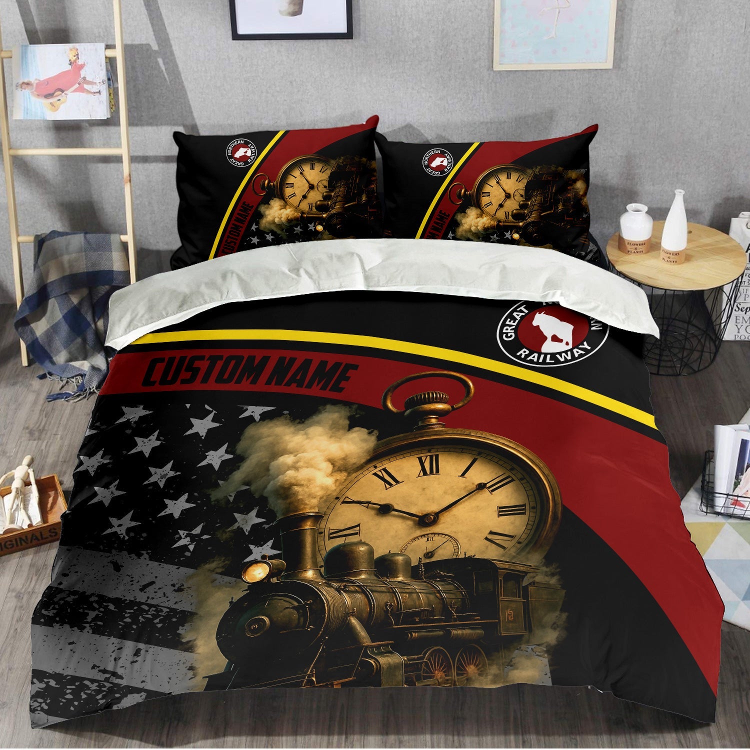 Railspirit Personalized Great Northern Railway Bedding Set Classic Steam Engine With Retro Pocket Watch GNR Bedding Set All Over Print