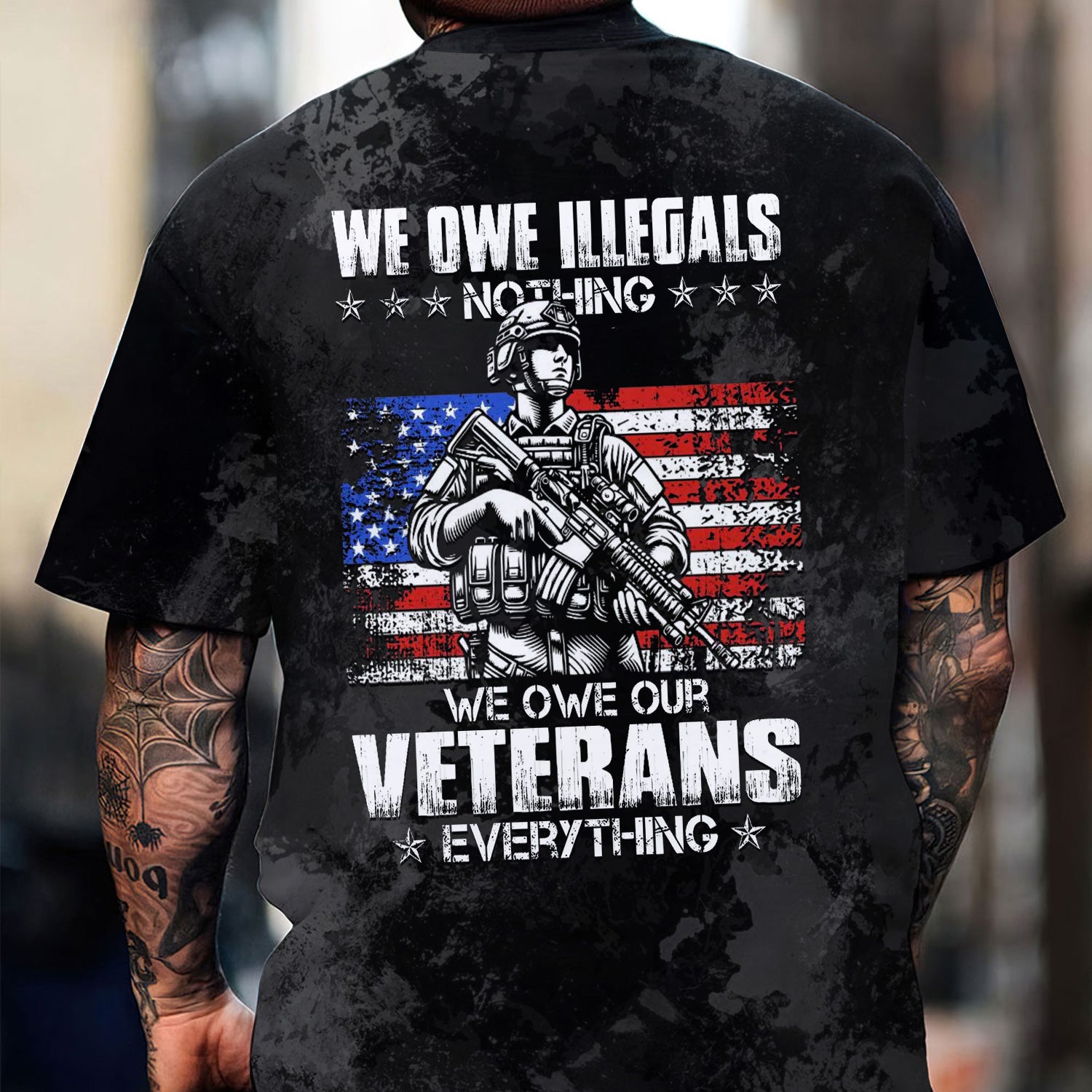 Patriotic Veteran Support T-Shirt, USA Flag & Soldier Graphic Design, Honoring Military Service and American Heroes, Gift For Veterans