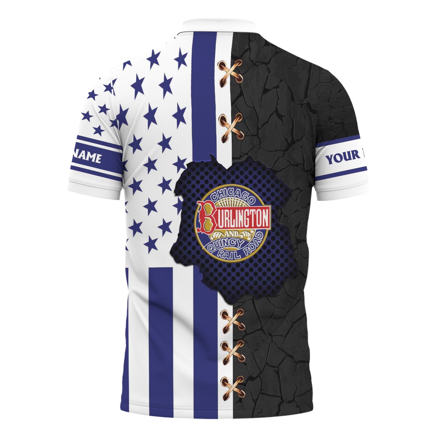 Railspirit Personalized Chicago, Burlington and Quincy Railroad Polo Shirt American Flag with Crack Effect Train Shirt
