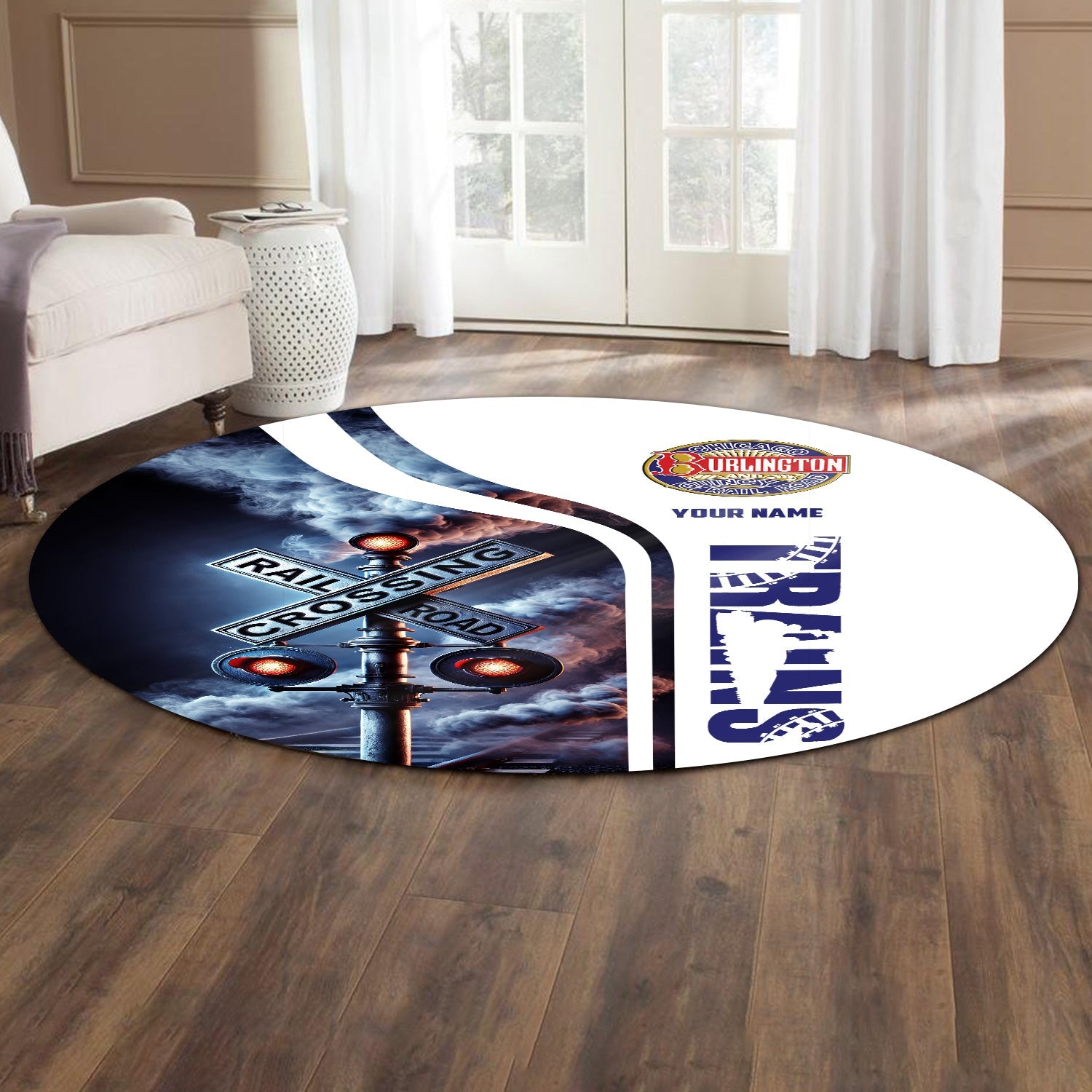 Railspirit Personalized Chicago, Burlington and Quincy Railroad Round Mat Railroad Crossing Sign Mat All Over Print