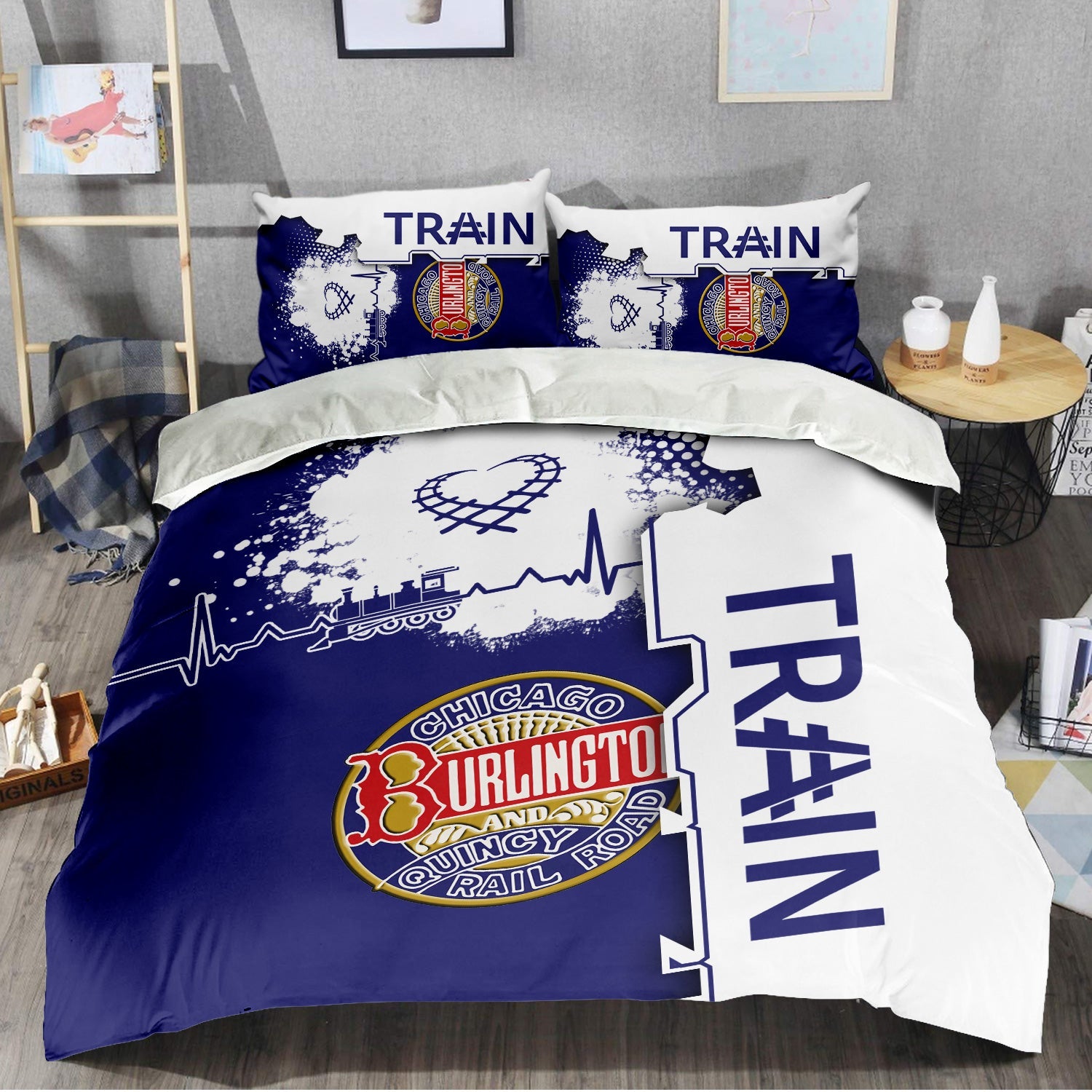 Railspirit Chicago, Burlington and Quincy Railroad Bedding Set Engine Heartbeat and Track Love Style Bedding Set Gift Idea For Train Lovers