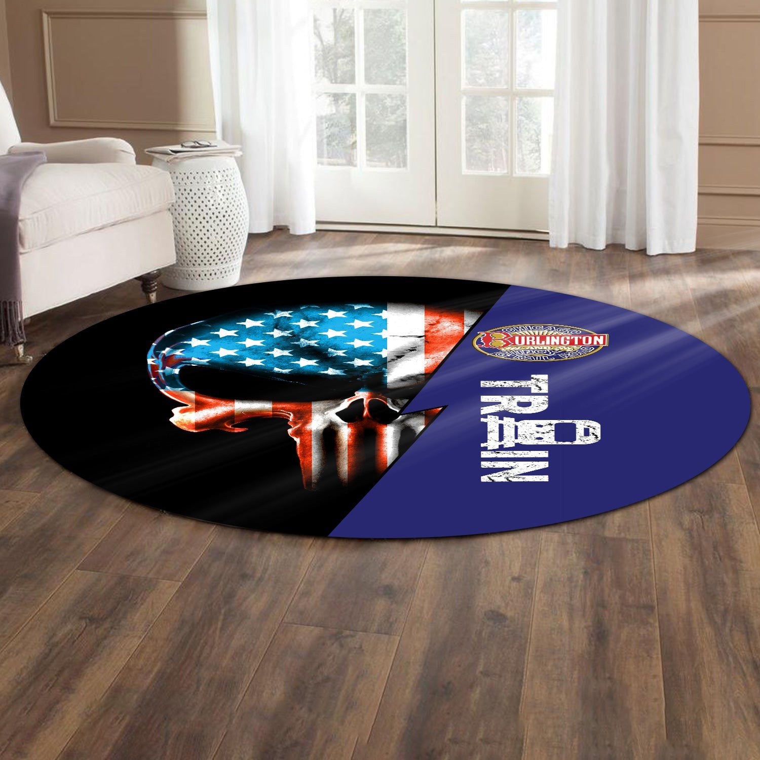 Railspirit Chicago, Burlington and Quincy Railroad Round Mat Train Skull American Flag Style Rug All Over Print
