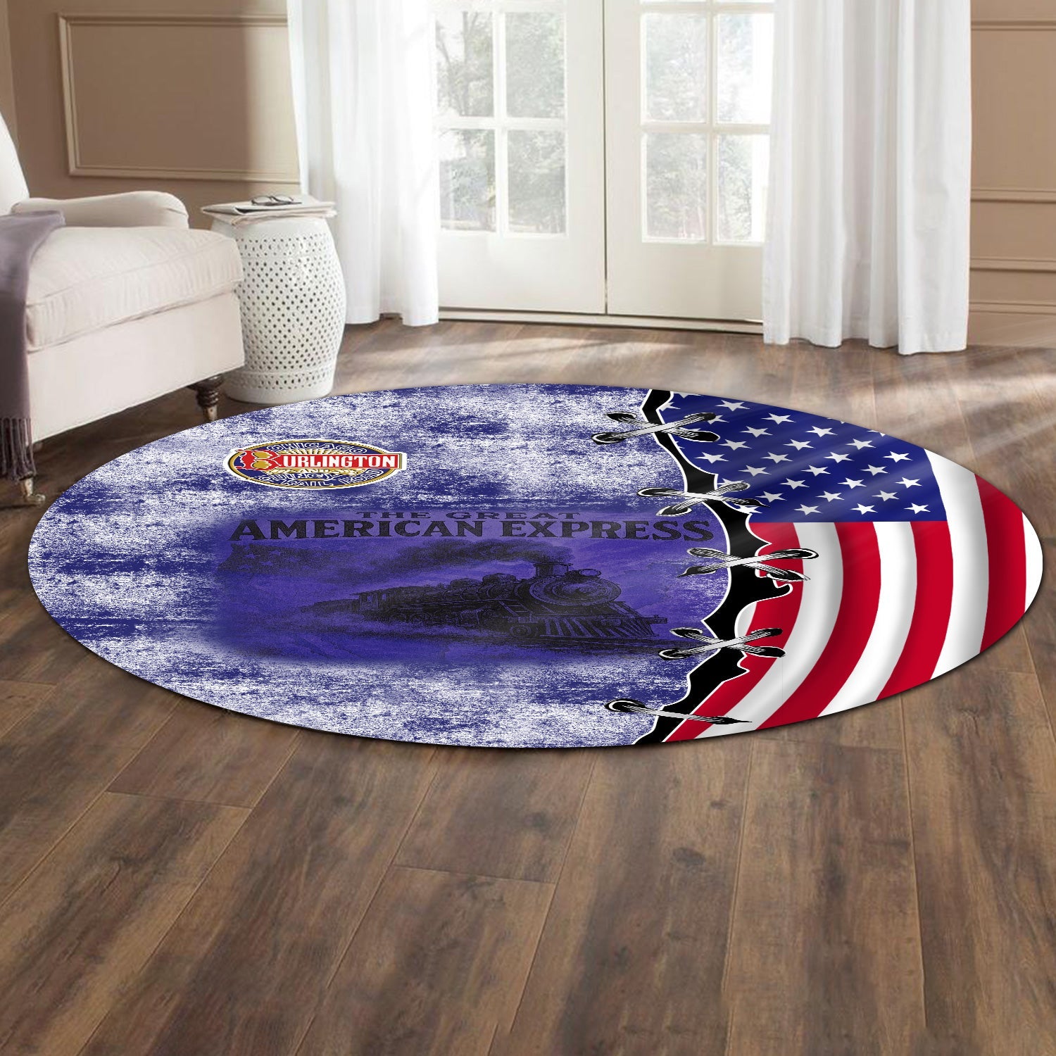 Railspirit Chicago, Burlington and Quincy Railroad Round Mat Retro American Express Train With USA Flag Round Mat