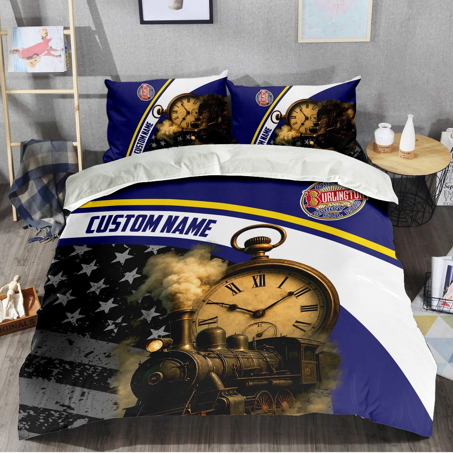Railspirit Personalized Chicago, Burlington and Quincy Railroad Bedding Set Classic Steam Engine With Retro Pocket Watch Bedding Set All Over Print