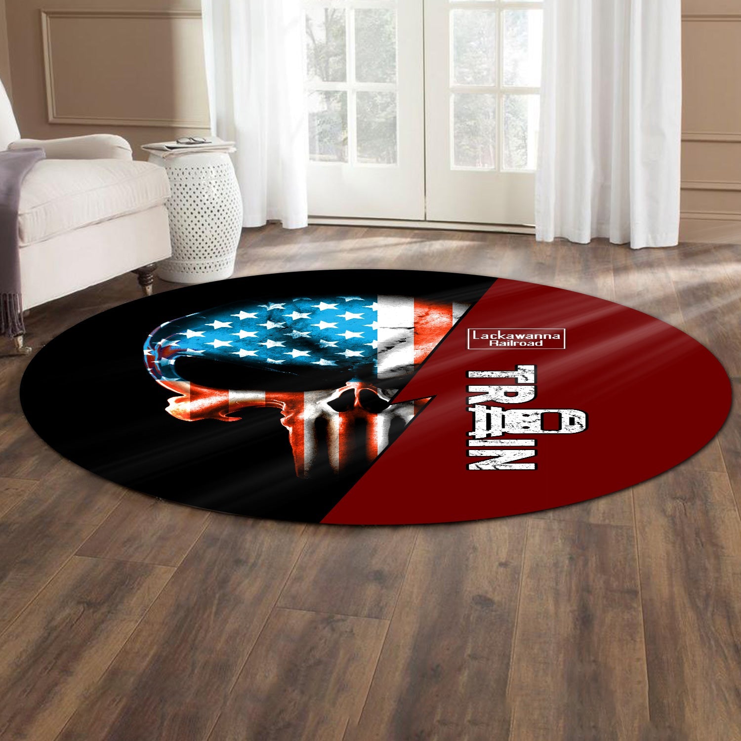 Railspirit Delaware, Lackawanna and Western Railroad Round Mat Train Skull American Flag Style DL&W Mat All Over Print