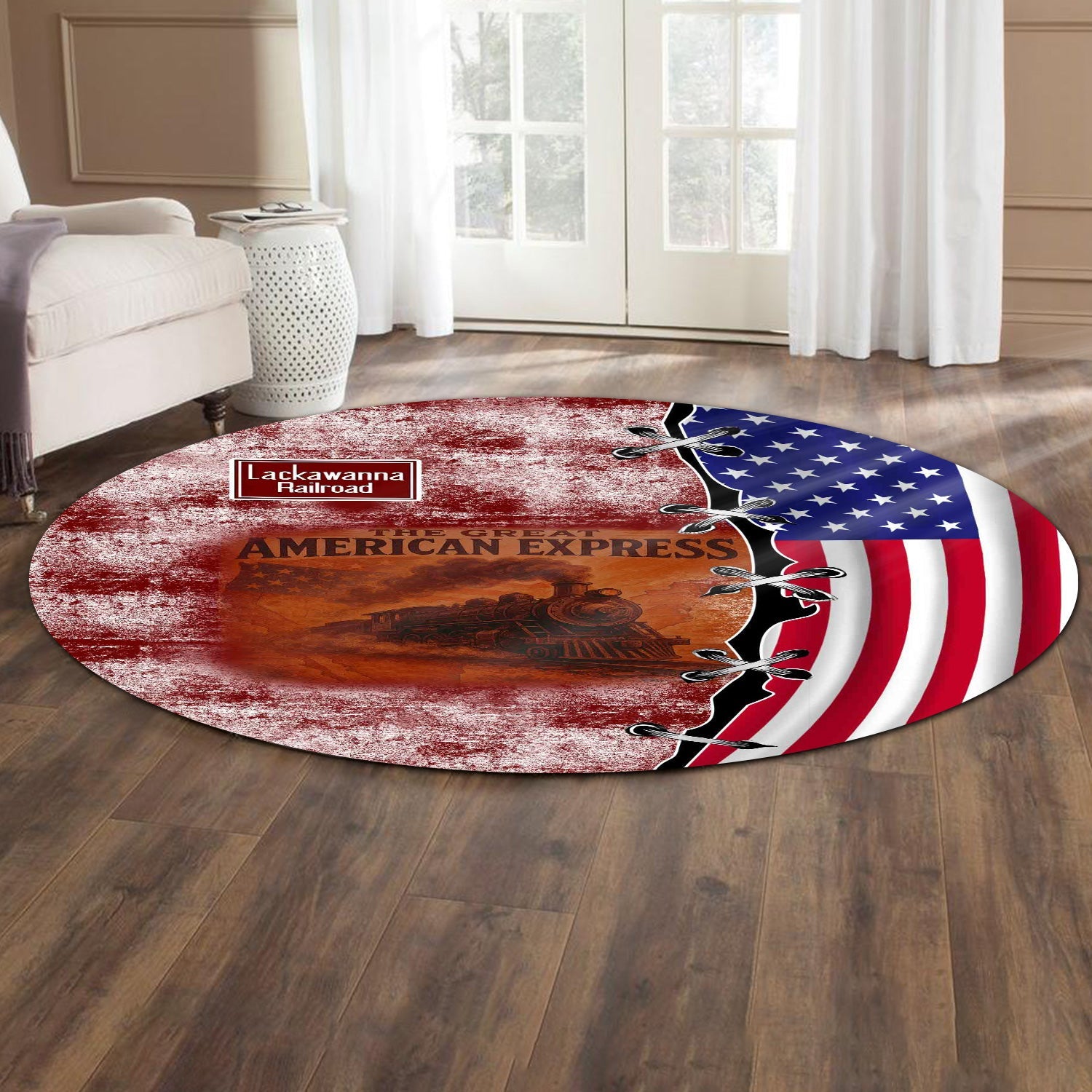 Railspirit Delaware, Lackawanna and Western Railroad Round Mat Retro American Express Train With USA Flag DL&W Round Mat