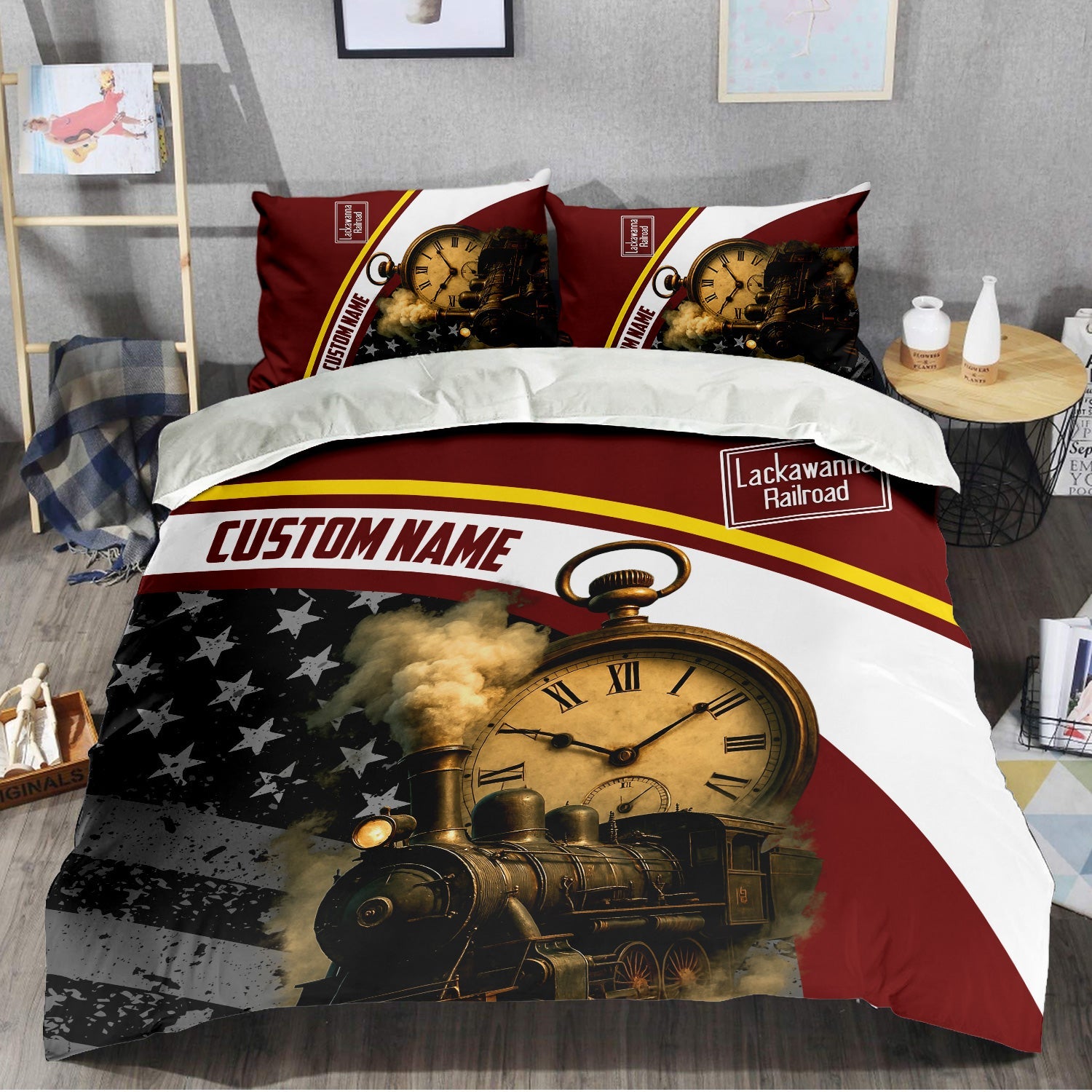 Railspirit Personalized Delaware, Lackawanna and Western Railroad Bedding Set Classic Steam Engine With Retro Pocket Watch DL&W Bedding Set