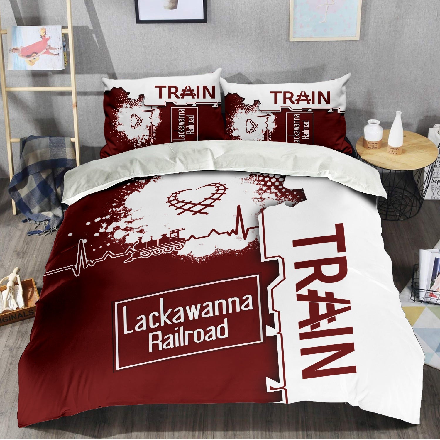 Railspirit Delaware, Lackawanna and Western Railroad Bedding Set Engine Heartbeat and Track Love Style DL&W Bedding Set Gift Idea For Train Lovers
