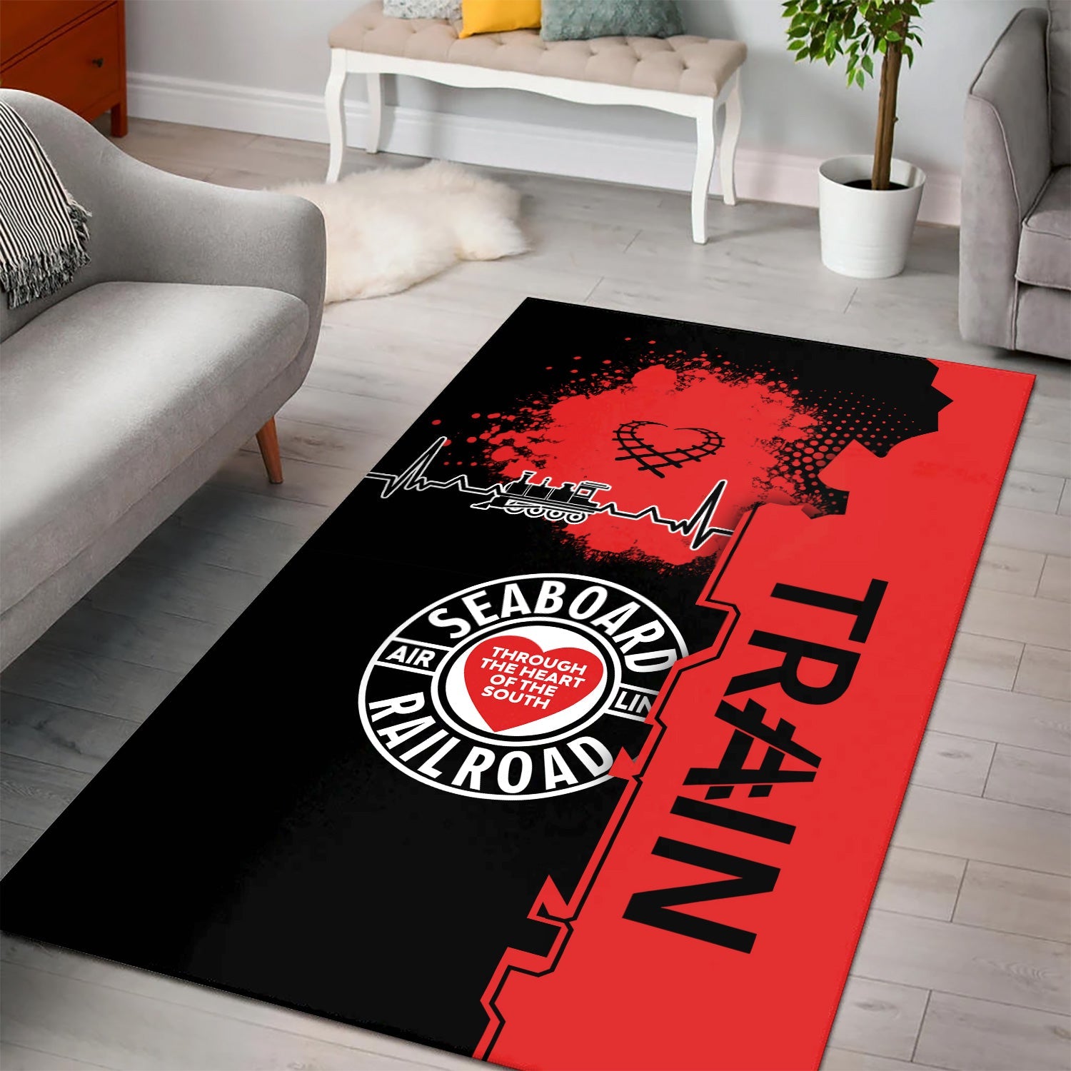 Railspirit Seaboard Air Line Railroad Area Rug Engine Heartbeat and Track Love Style Rug Gift Idea For Train Lovers
