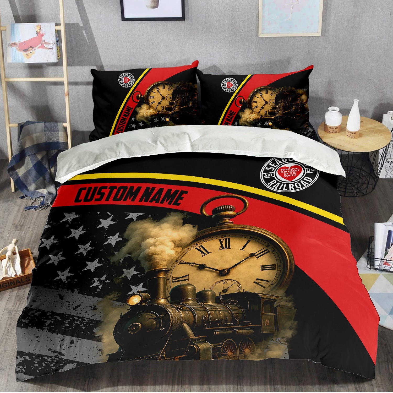 Railspirit Personalized Seaboard Air Line Railroad Bedding Set Classic Steam Engine With Retro Pocket Watch Bedding Set All Over Print