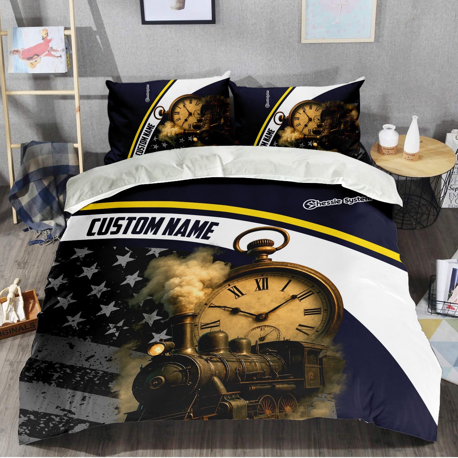 Railspirit Personalized Chessie System Railroad Bedding Set Classic Steam Engine With Retro Pocket Watch Bedding Set All Over Print