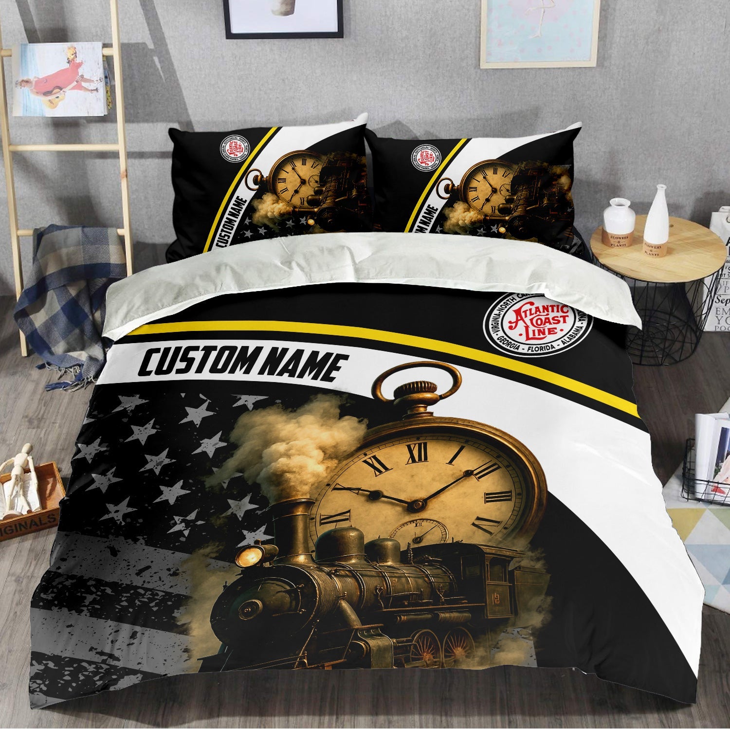 Railspirit Personalized Atlantic Coast Line Railroad Bedding Set Classic Steam Engine With Retro Pocket Watch Bedding Set All Over Print