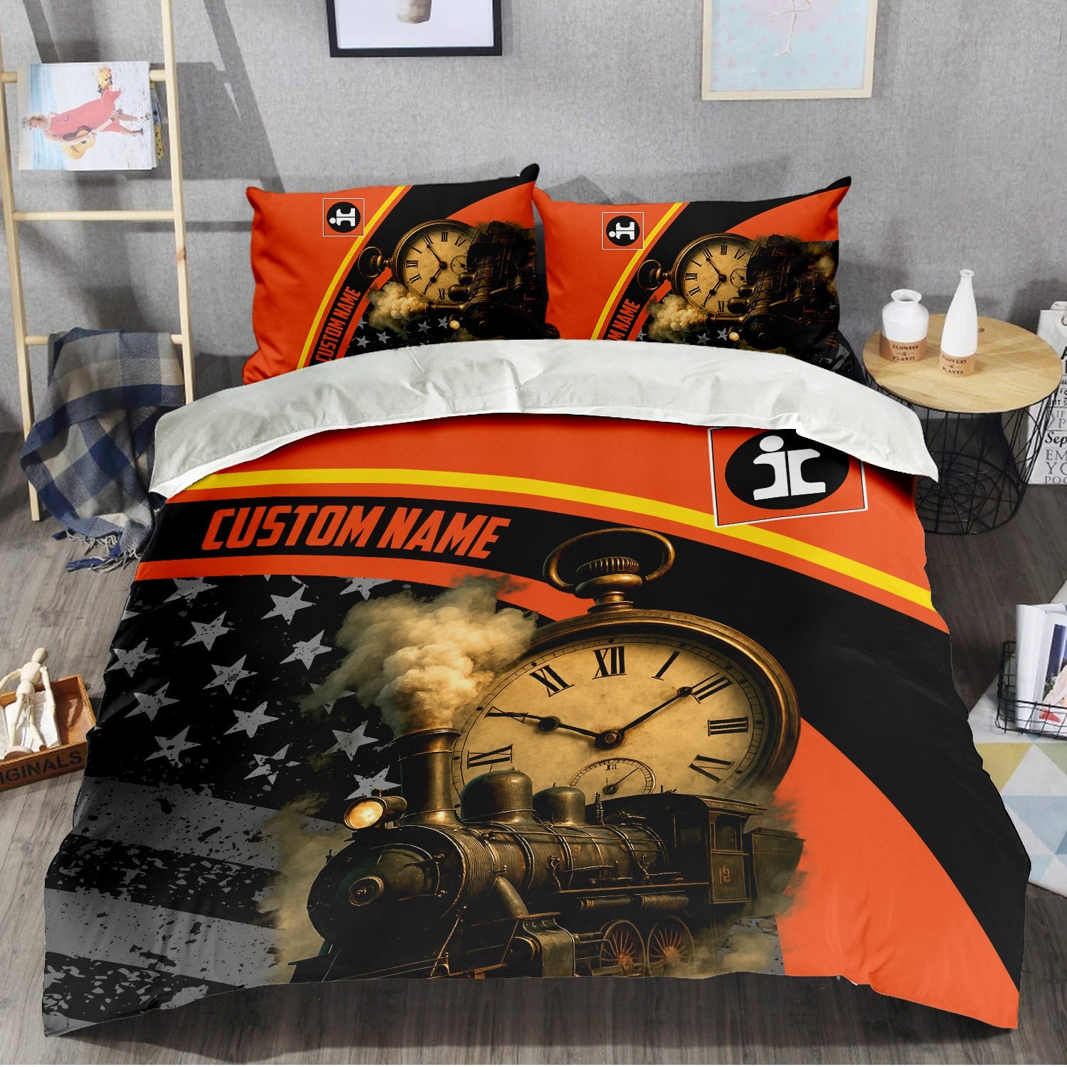 Railspirit Personalized Illinois Central Railroad Bedding Set Classic Steam Engine With Retro Pocket Watch Bedding Set All Over Print