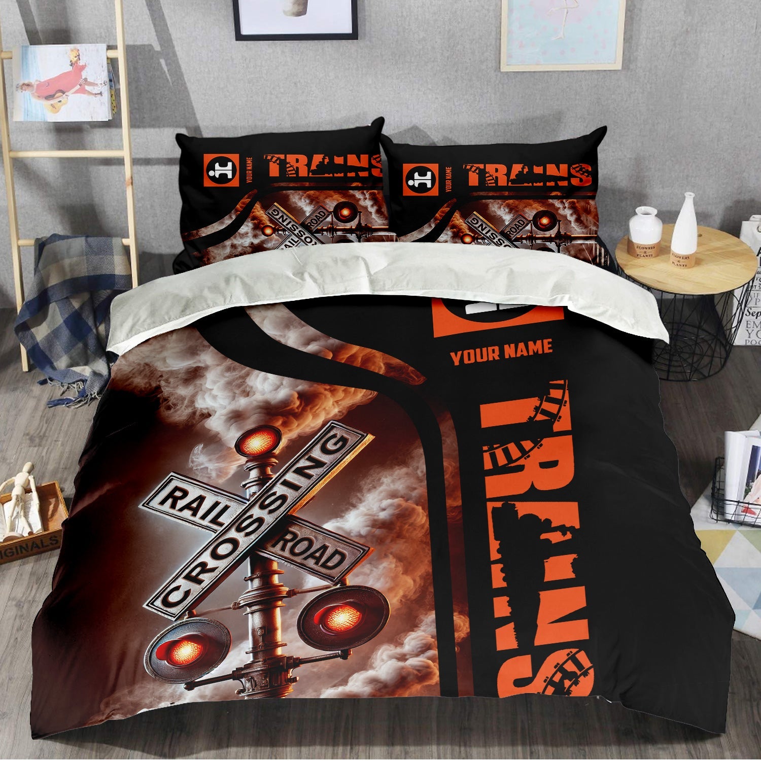 Railspirit Personalized Illinois Central Railroad Bedding Set Railroad Crossing Sign Bedding Set All Over Print