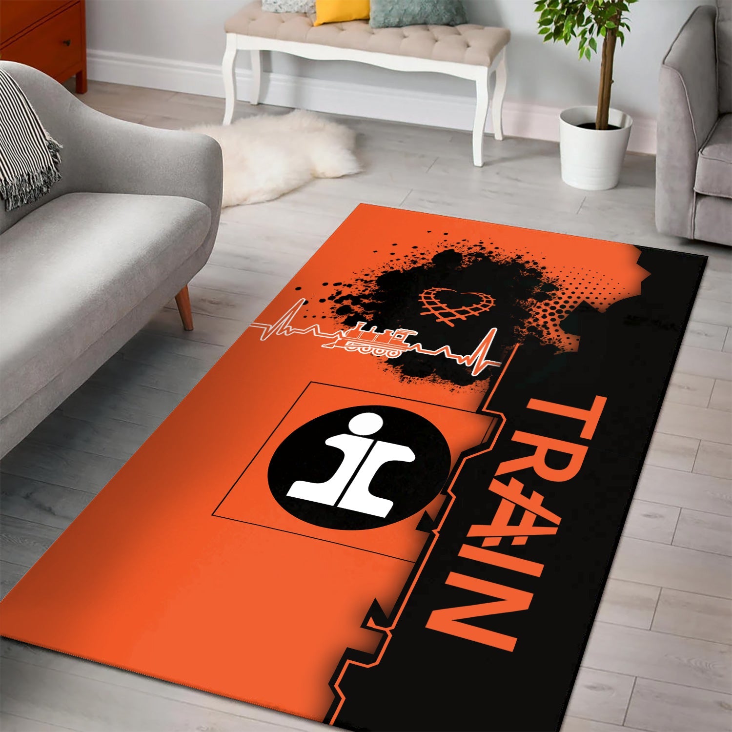 Railspirit Illinois Central Railroad Area Rug Engine Heartbeat and Track Love Style Rug Gift Idea For Train Lovers