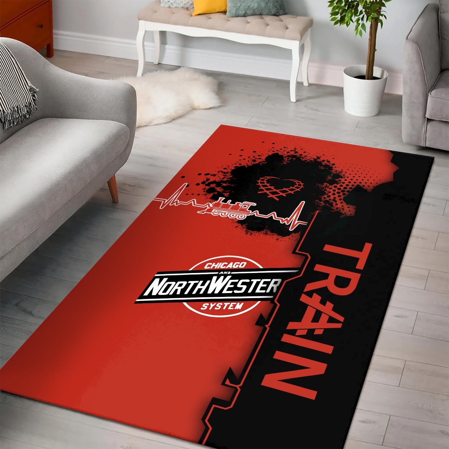 Railspirit Chicago and North Western Railway Area Rug Engine Heartbeat and Track Love Style Rug Gift Idea For Train Lovers