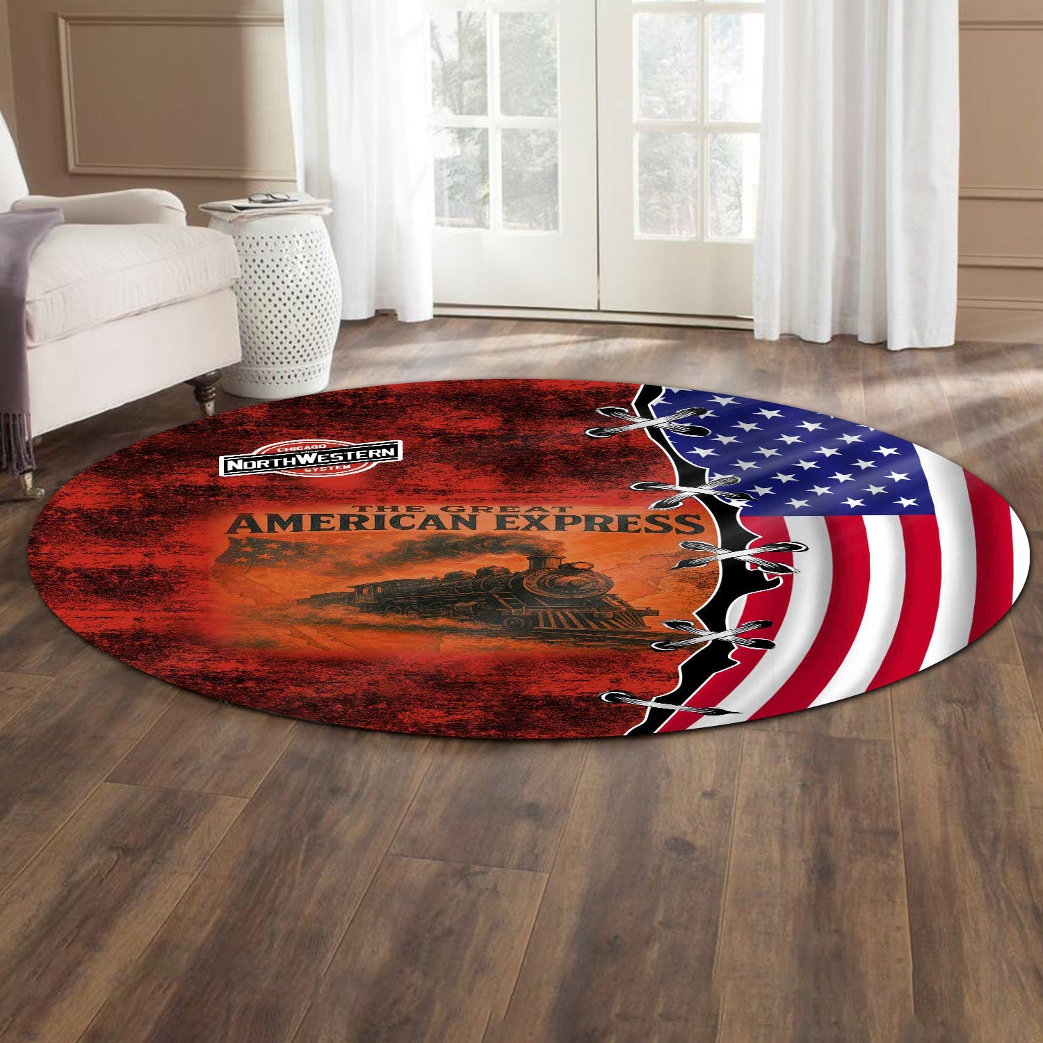 Railspirit Chicago and North Western Railway Round Mat Retro American Express Train With USA Flag Round Mat