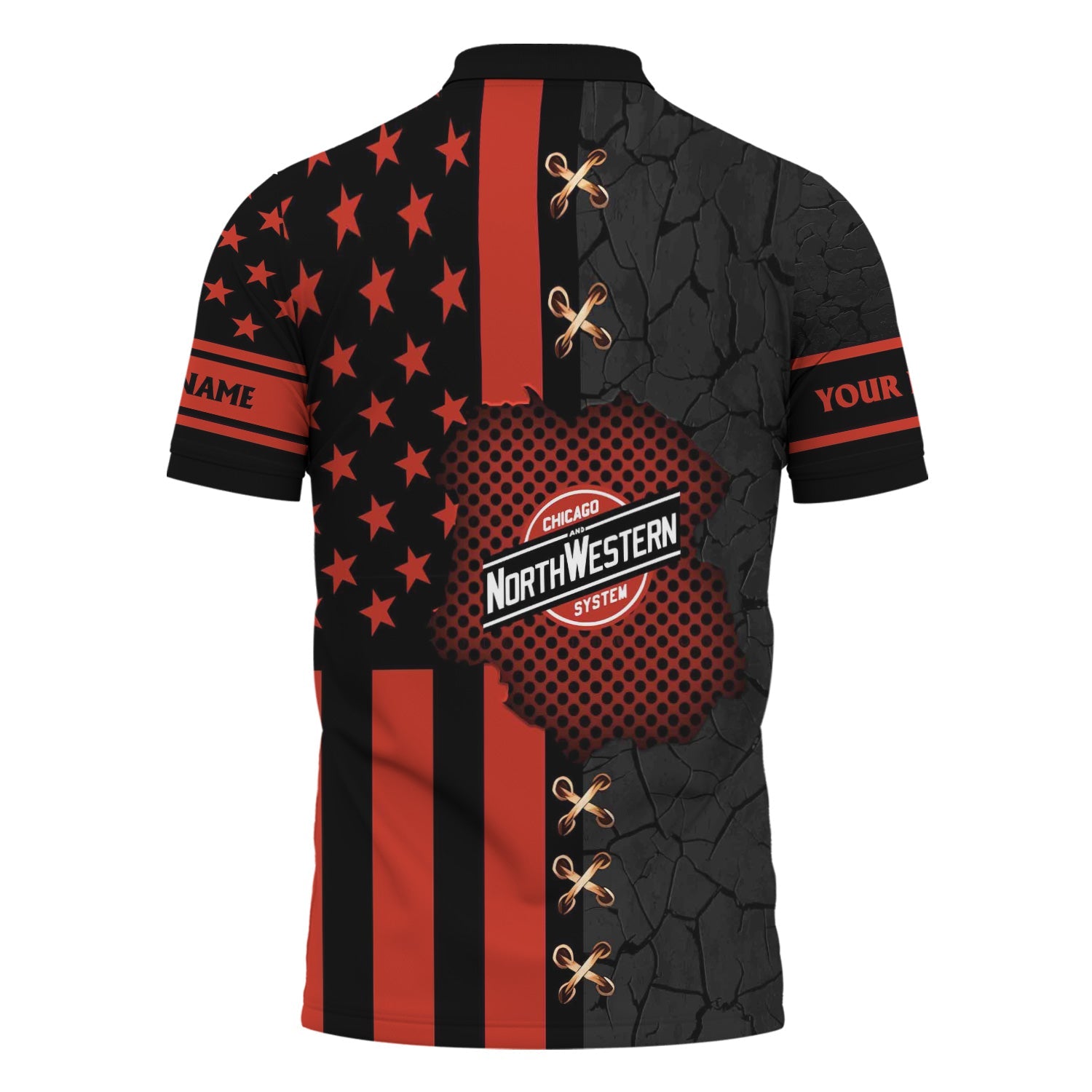 Railspirit Personalized Chicago and North Western Railway Polo Shirt American Flag with Crack Effect Train Shirt