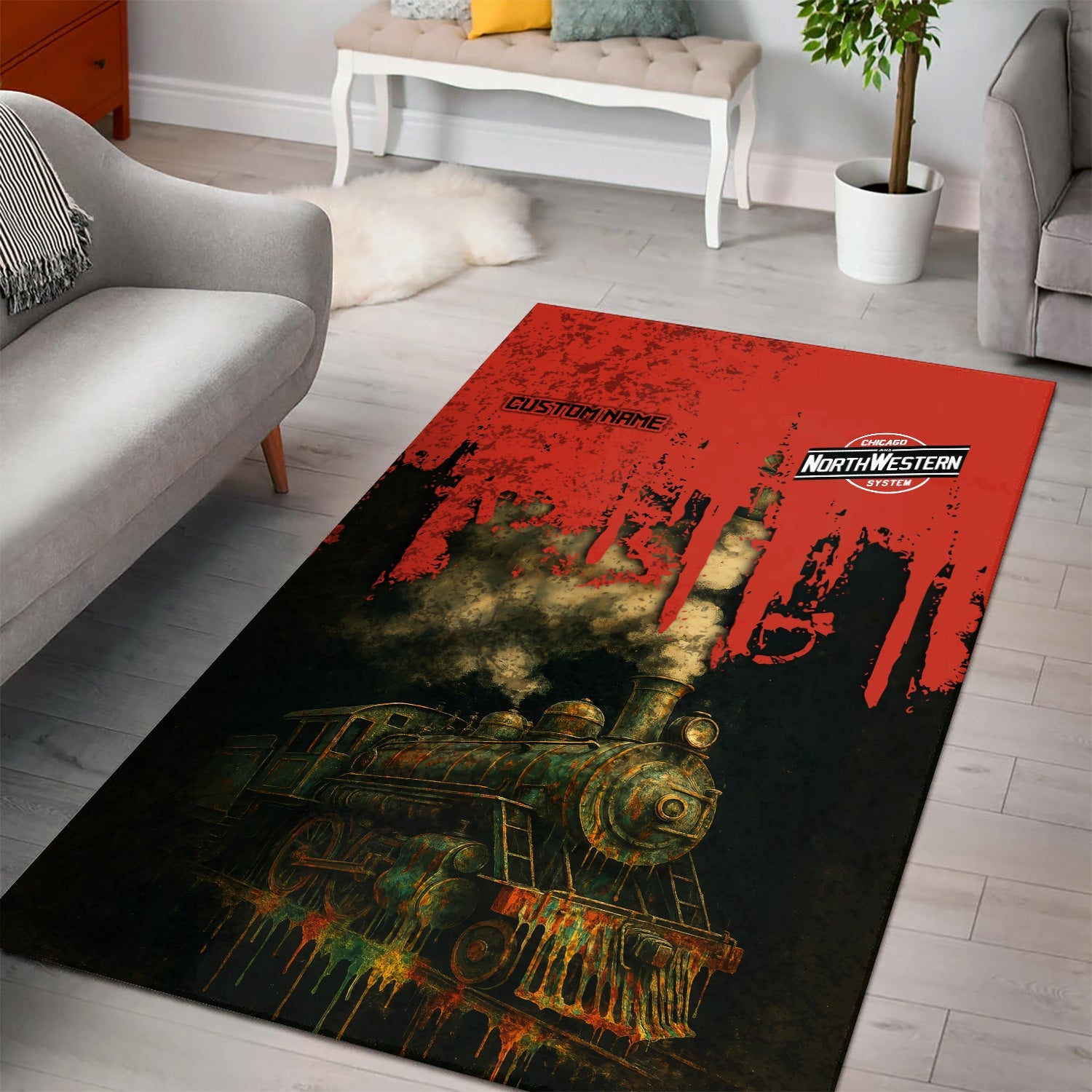 Railspirit Personalized Chicago and North Western Railway Area Rug Vintage Train Art Style Rug For Locomotive Fans