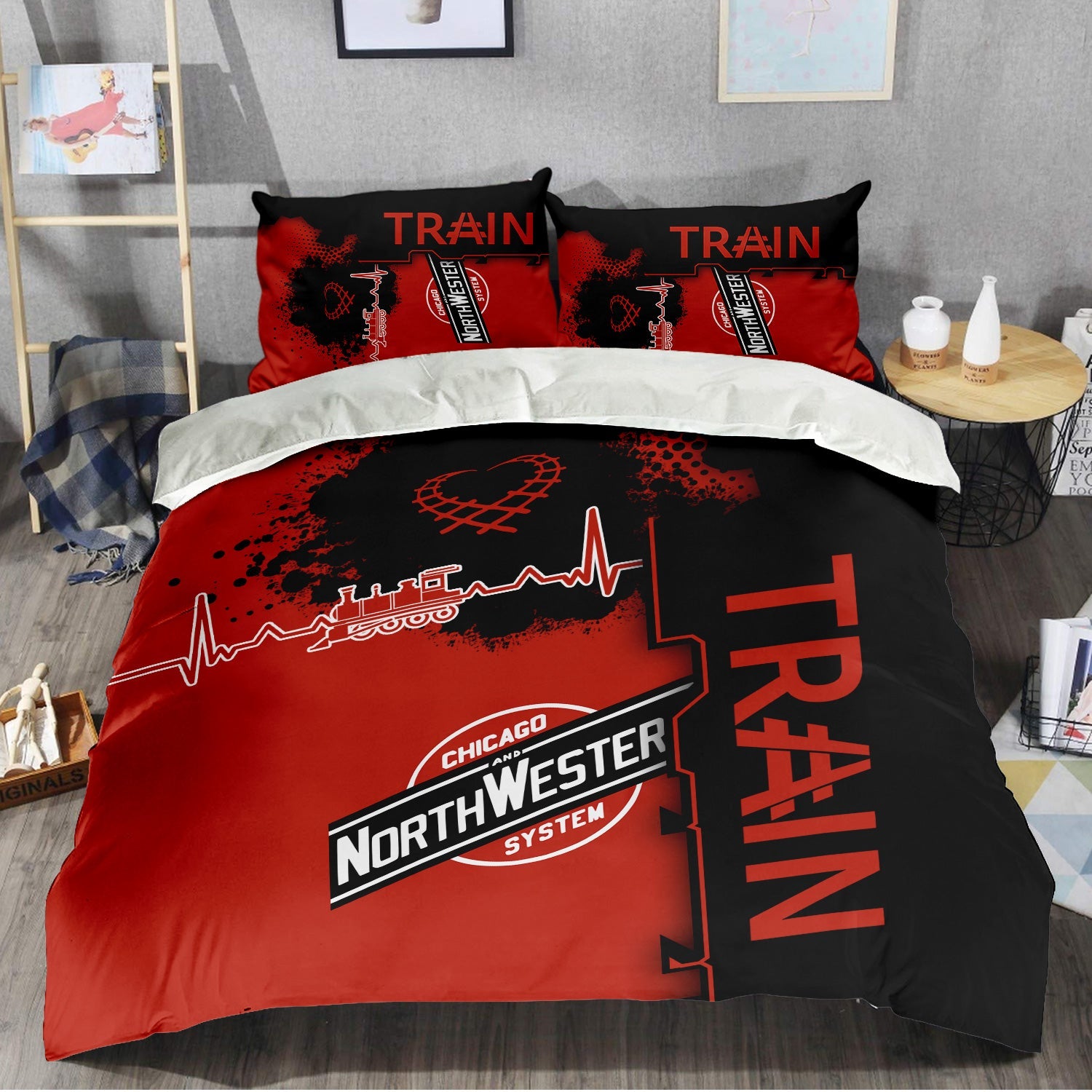 Railspirit Chicago and North Western Railway Bedding Set Engine Heartbeat and Track Love Style Bedding Set Gift Idea For Train Lovers