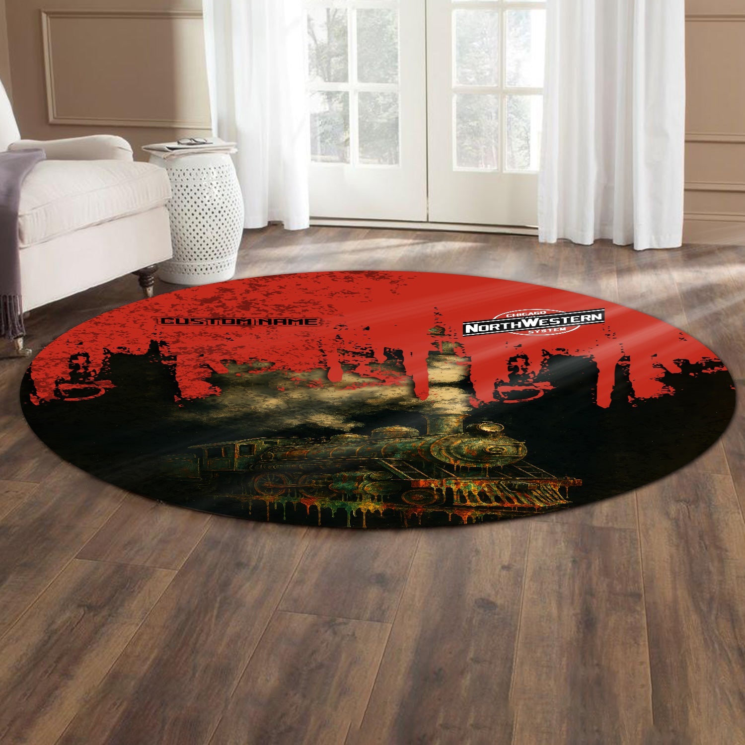 Railspirit Personalized Chicago and North Western Railway Round Mat Vintage Train Art Style Mat For Locomotive Fans