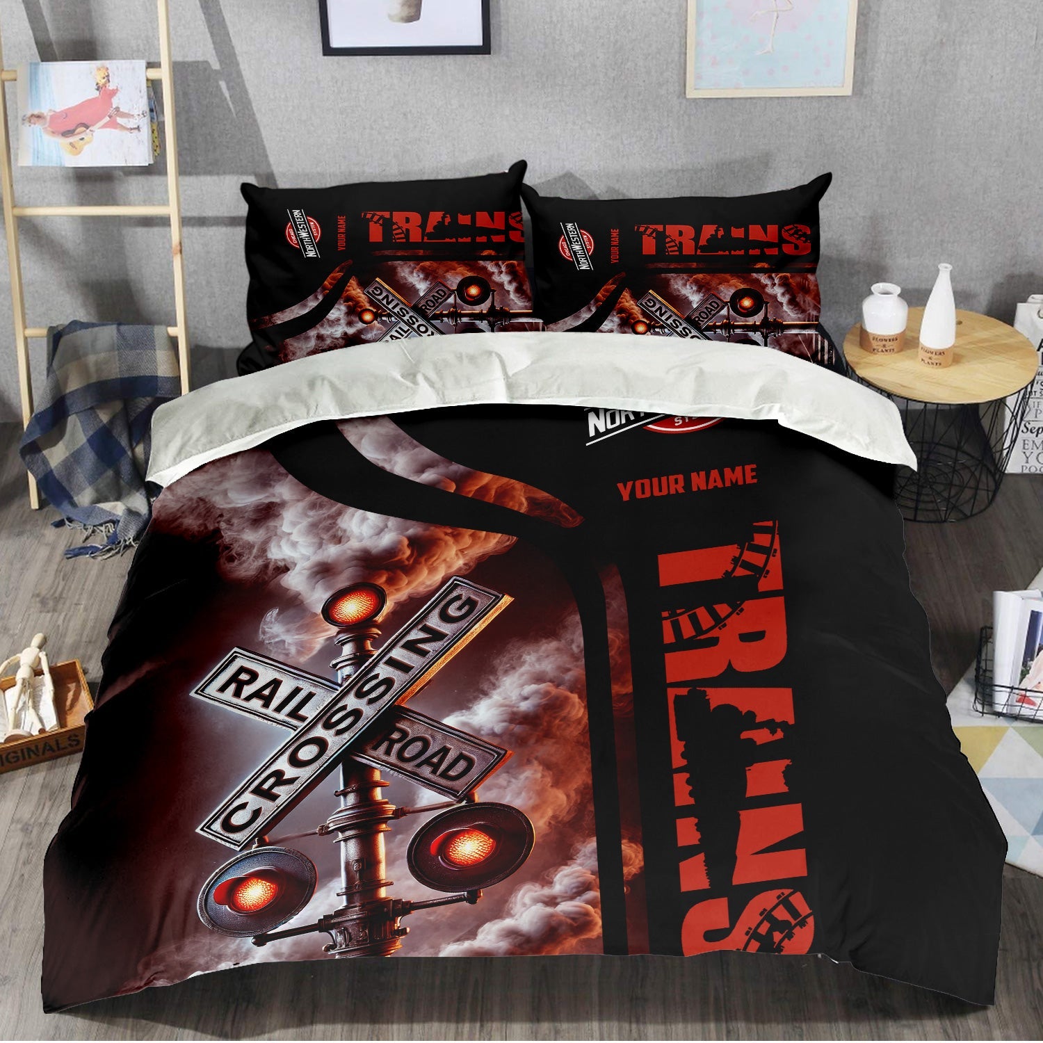 Railspirit Personalized Chicago and North Western Railway Bedding Set Railroad Crossing Sign Bedding Set All Over Print