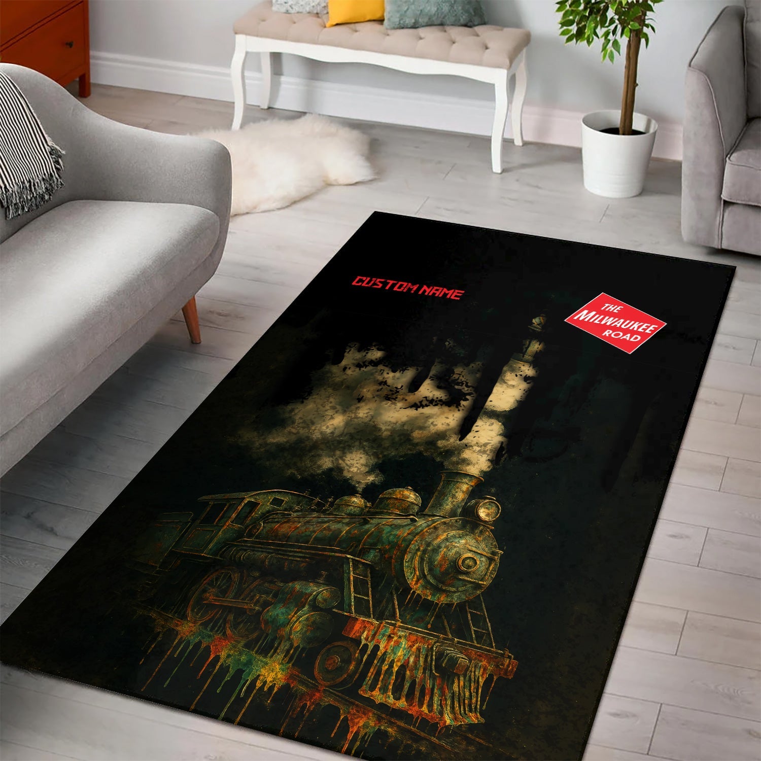Railspirit Personalized Chicago, Milwaukee, St. Paul and Pacific Railroad Area Rug Vintage Train Art Style Milwaukee Road Rug For Locomotive Fans