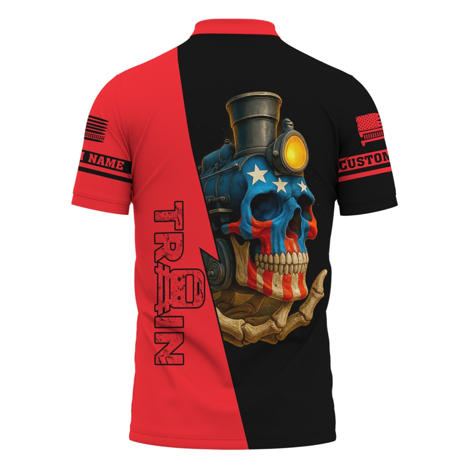 Railspirit Personalized Chicago, Milwaukee, St. Paul and Pacific Railroad Polo Shirt Train Skull American Flag Milwaukee Road Shirt All Over Print