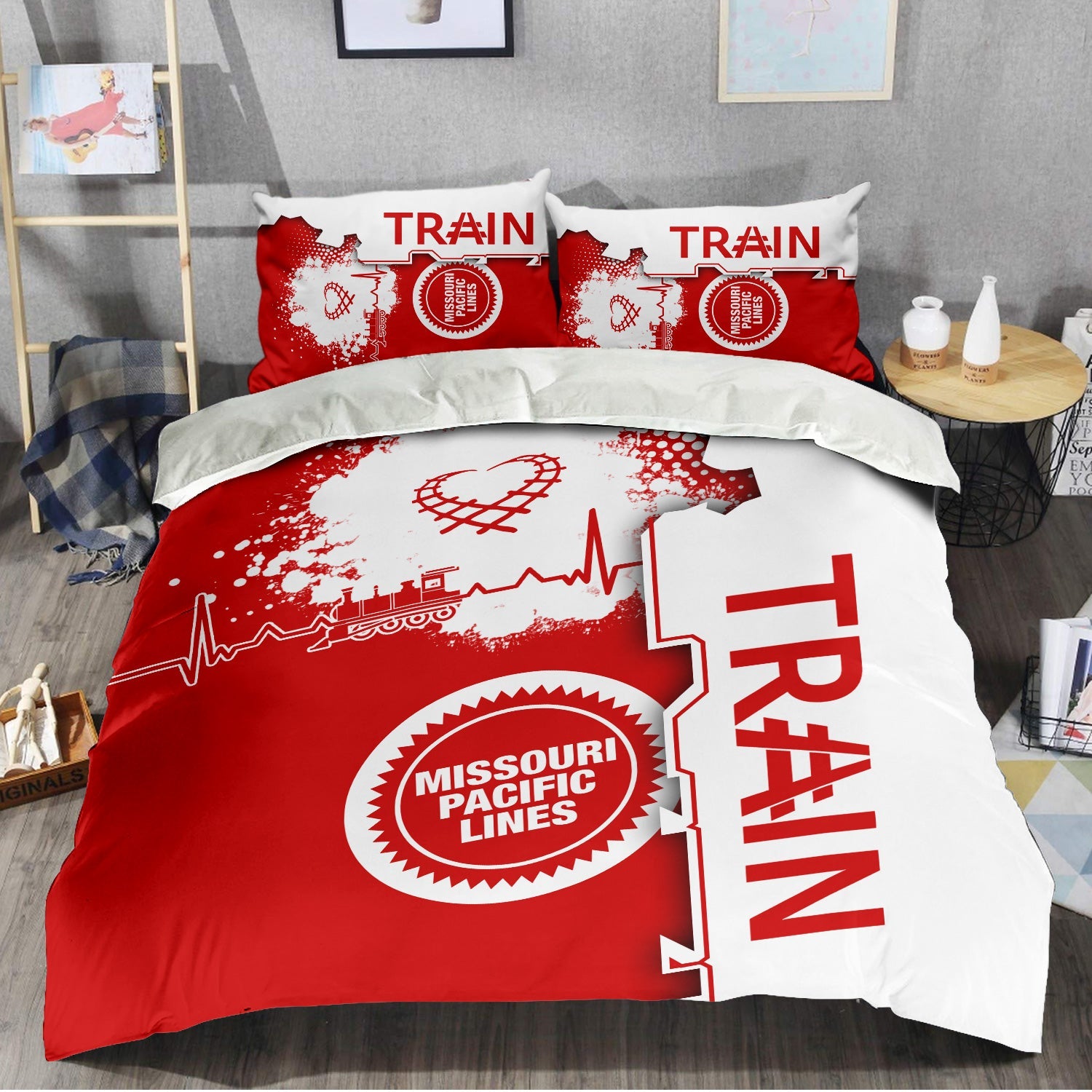 Railspirit Missouri Pacific Railroad Bedding Set Engine Heartbeat and Track Love Style Bedding Set Gift Idea For Train Lovers