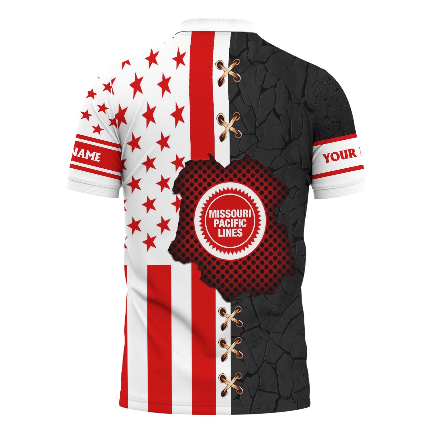 Railspirit Personalized Missouri Pacific Railroad Polo Shirt American Flag with Crack Effect Train Shirt