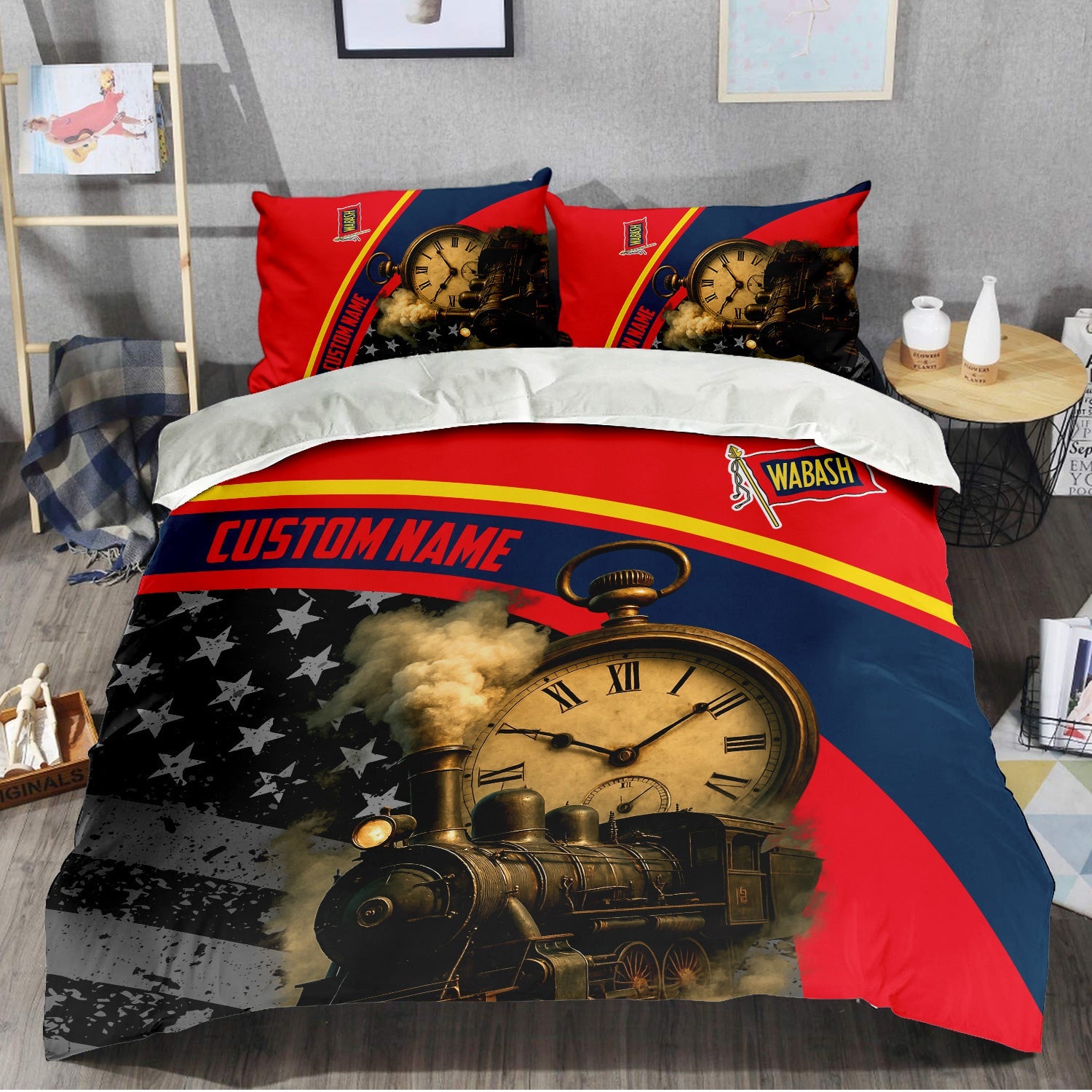 Railspirit Personalized Wabash Railroad Bedding Set Classic Steam Engine With Retro Pocket Watch Bedding Set All Over Print