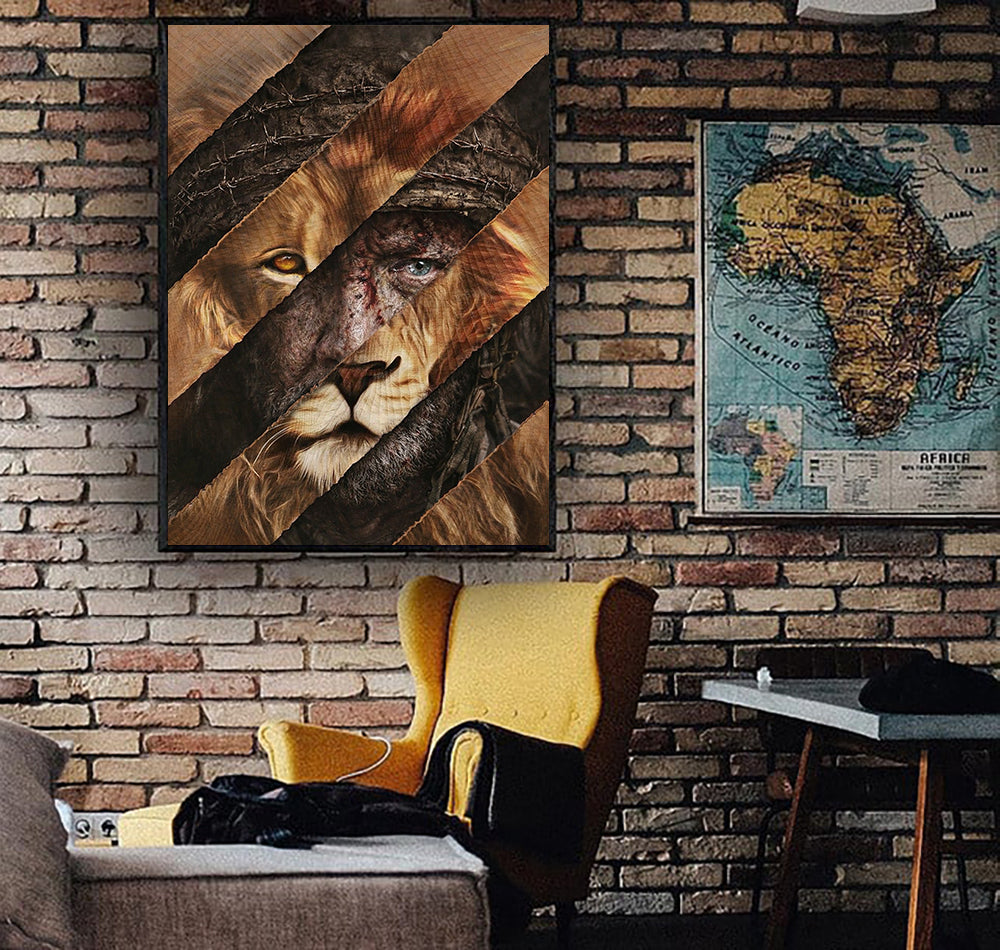 Lion Warrior Canvas Wall Art, Split Face Lion and Man Portrait Print, Masculine Rustic Decor, King of Judah Christian Gift Artwork