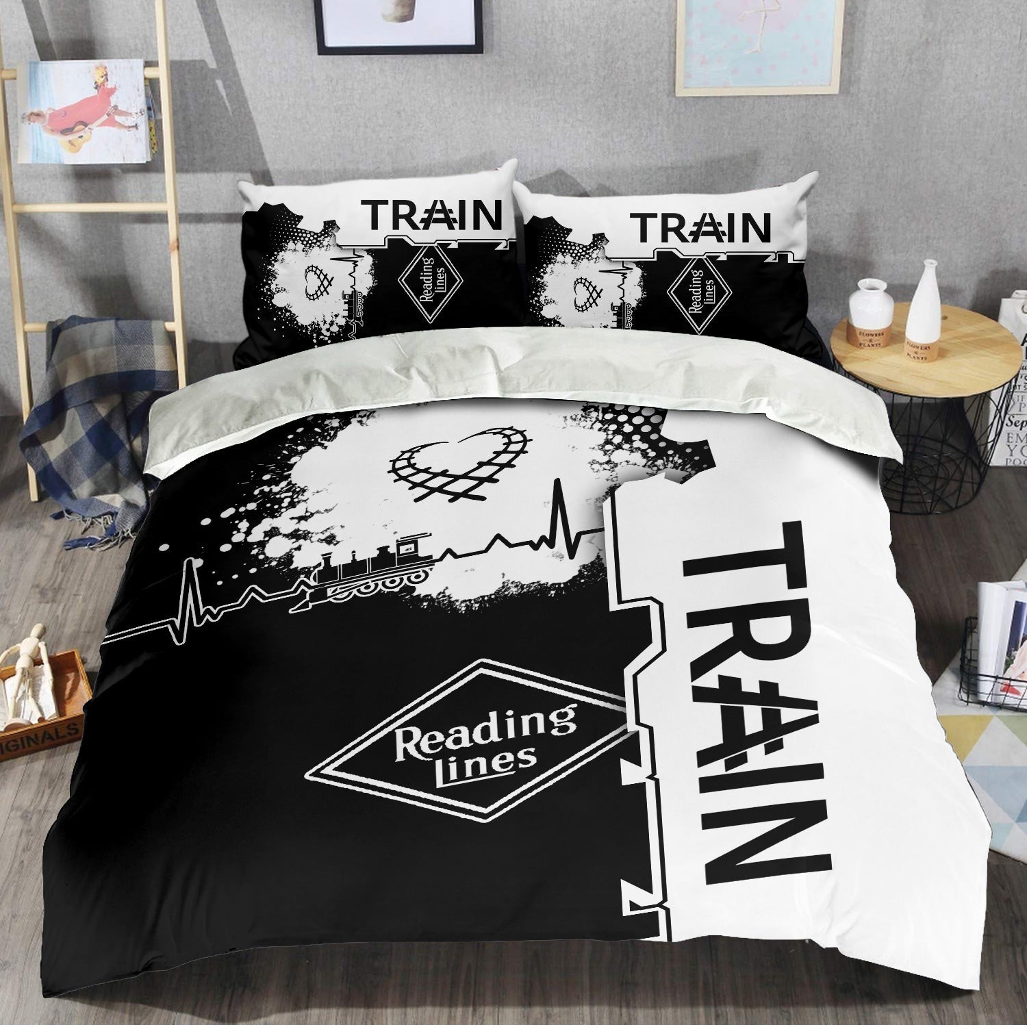 Railspirit Reading Railroad Bedding Set Engine Heartbeat and Track Love Style Bedding Set Gift Idea For Train Lovers