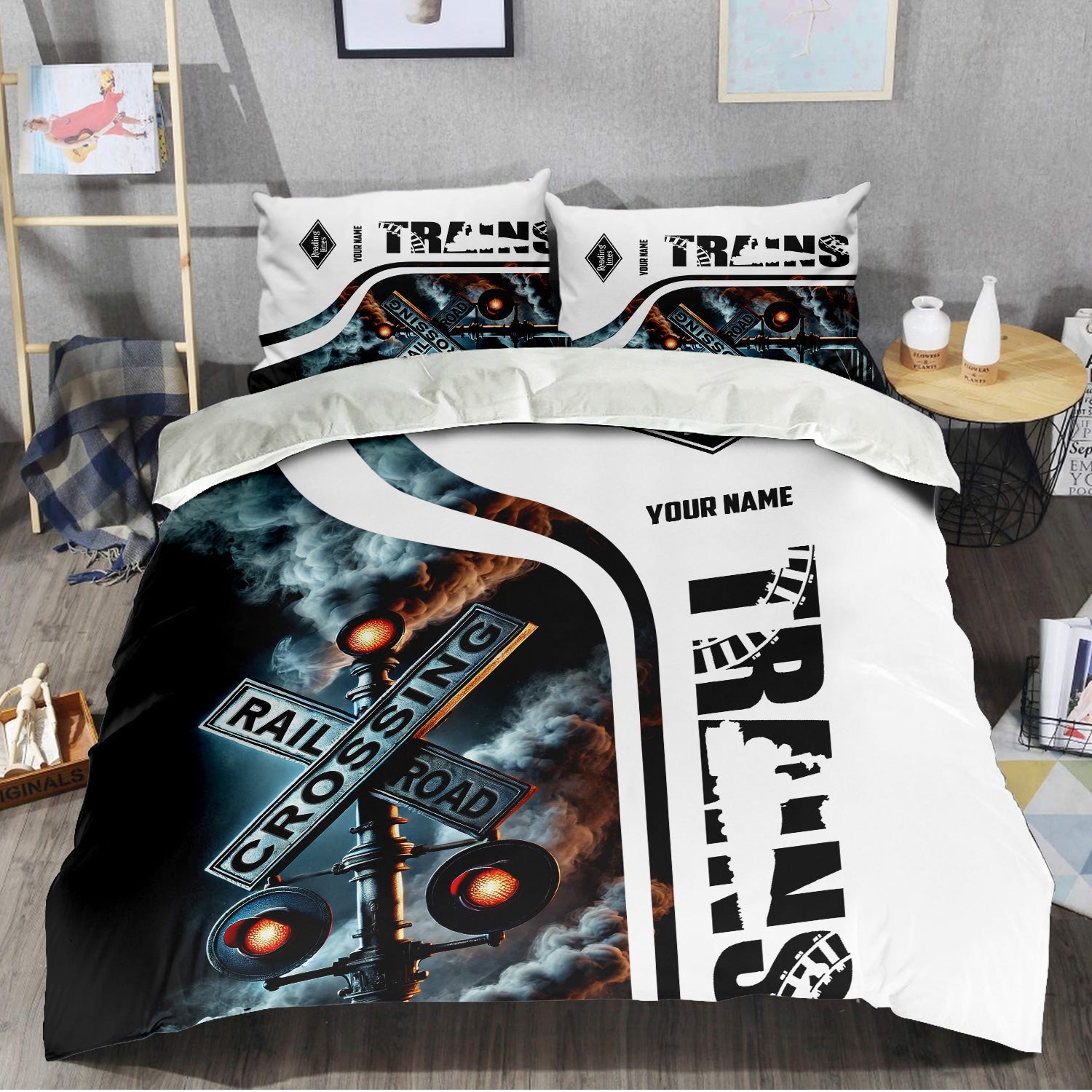 Railspirit Personalized Reading Railroad Bedding Set Railroad Crossing Sign Bedding Set All Over Print