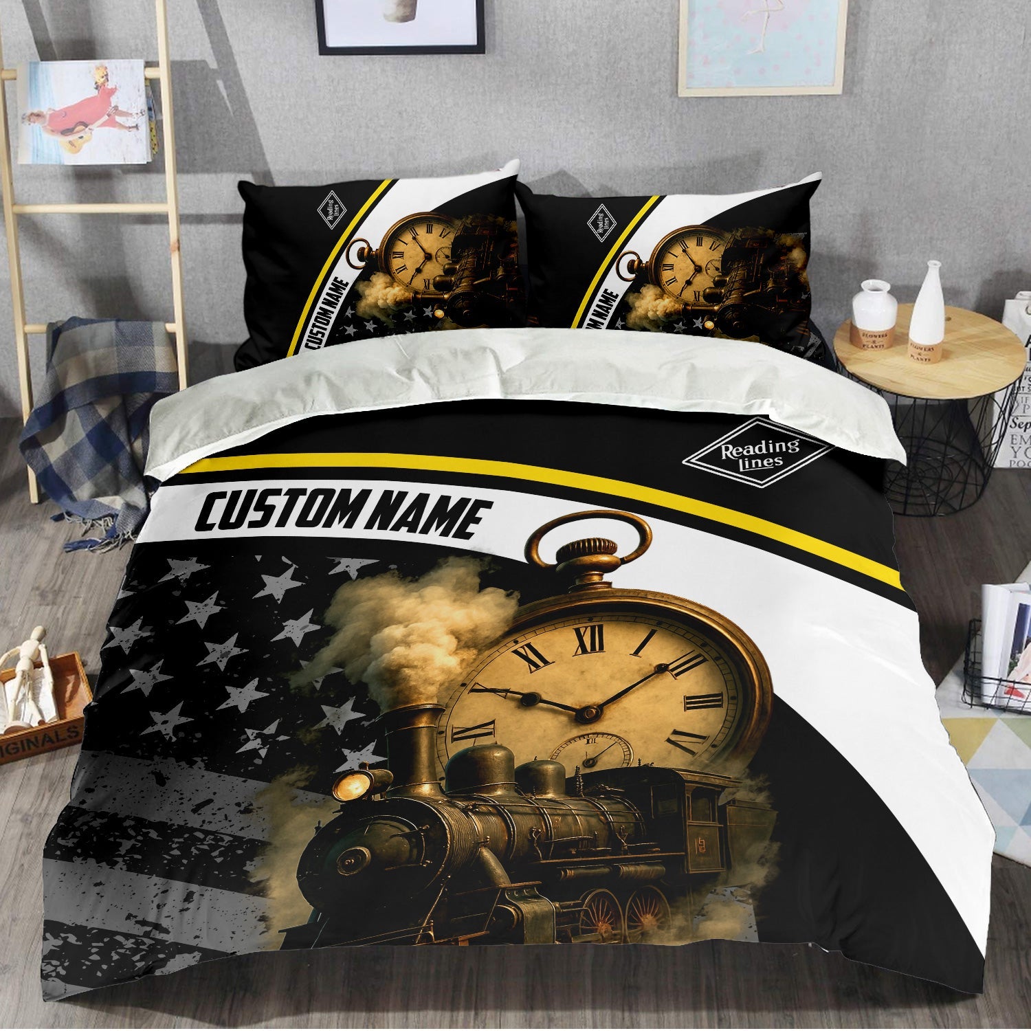 Railspirit Personalized Reading Railroad Bedding Set Classic Steam Engine With Retro Pocket Watch Bedding Set All Over Print