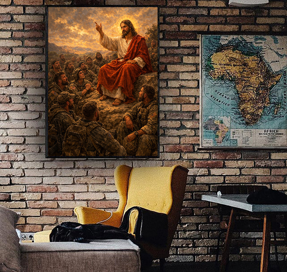 Jesus Teaching Soldiers Christian Faith Printed Canvas Wall Art Military Prayer Poster Religious Gift for Dad Father’s Day Christian Veteran Decor
