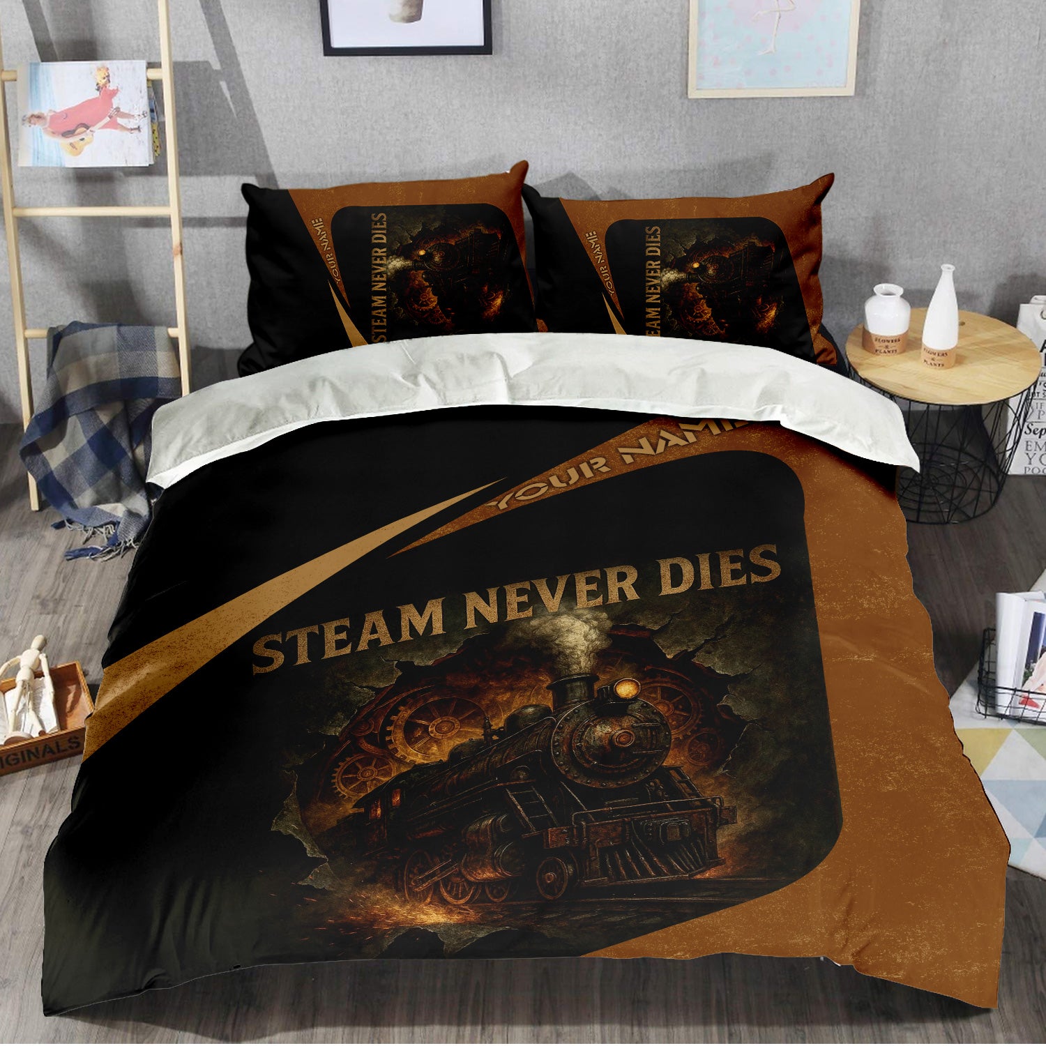 Railspirit Personalized Bedding Set Steam Never Dies Vintage Train Bedding Set for Railroad Fanatic