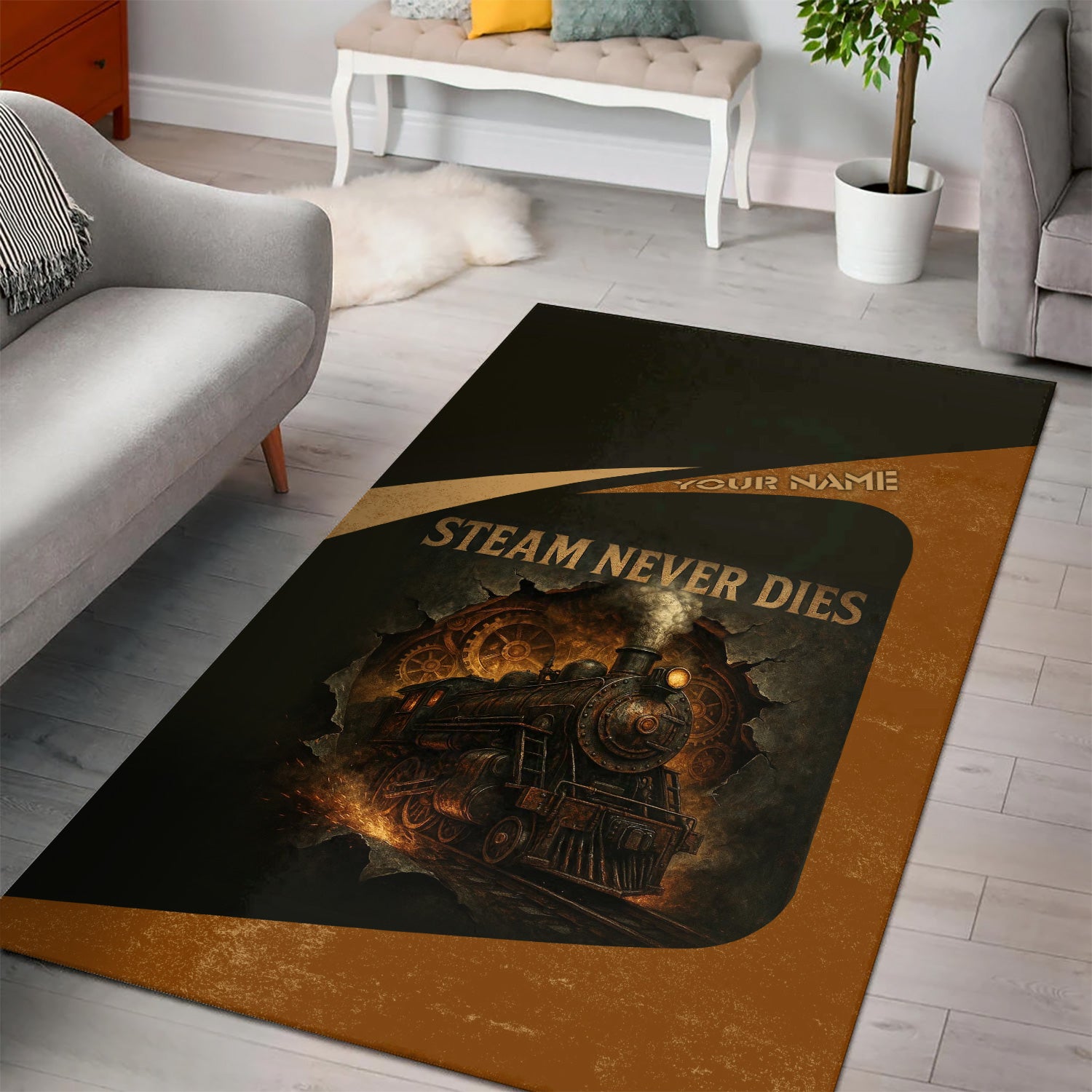 Railspirit Personalized Area Rug Steam Never Dies Vintage Train Rug for Railroad Fanatic