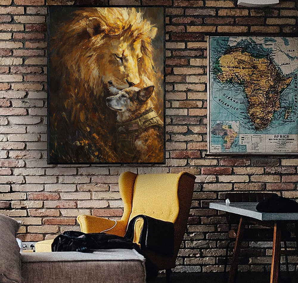 Lion and Military Dog Canvas Wall Art, Veteran Gift, Warrior Spirit Painting, Guardian Lion Artwork, Military Dog Tribute Print, Rustic Wall Decor