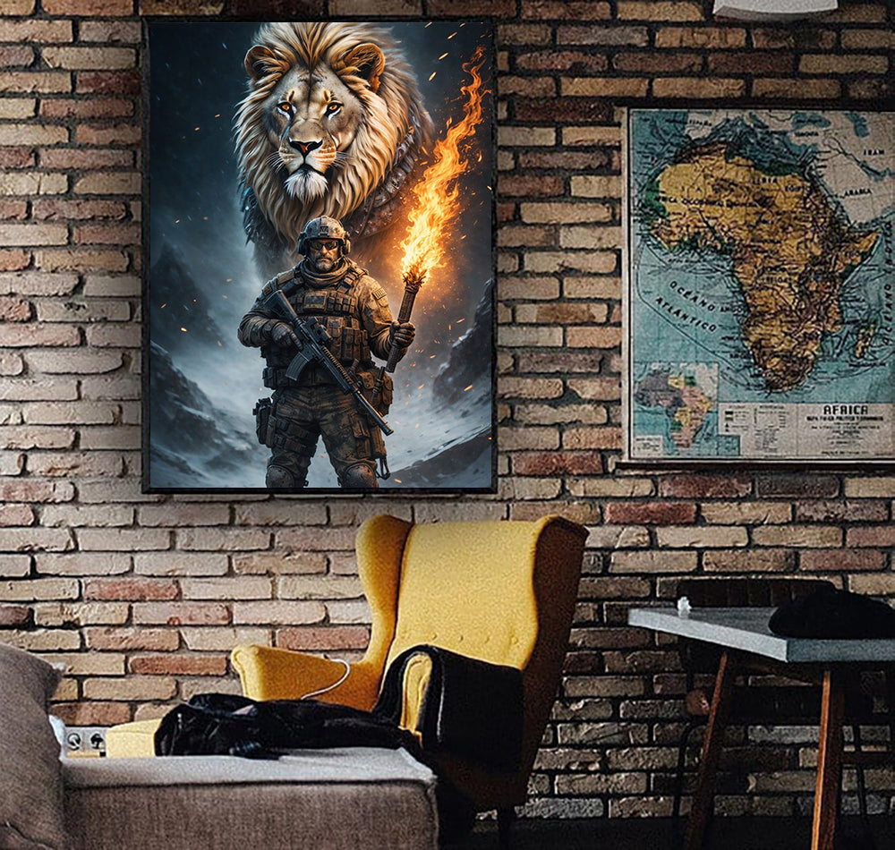 Lion Warrior Soldier Canvas Wall Art Military Lion Painting Fire Torch Art Strong Leadership Decor Gift For Men Veteran Wall Decor