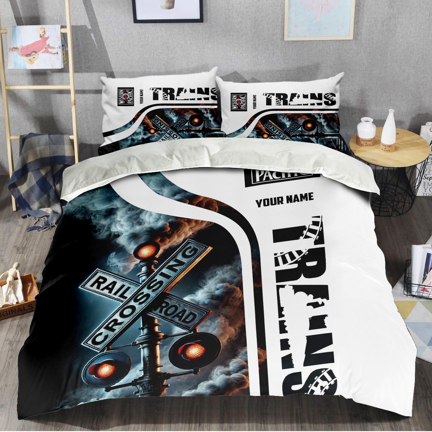 Railspirit Personalized Western Pacific Railroad Bedding Set Railroad Crossing Sign Bedding Set All Over Print