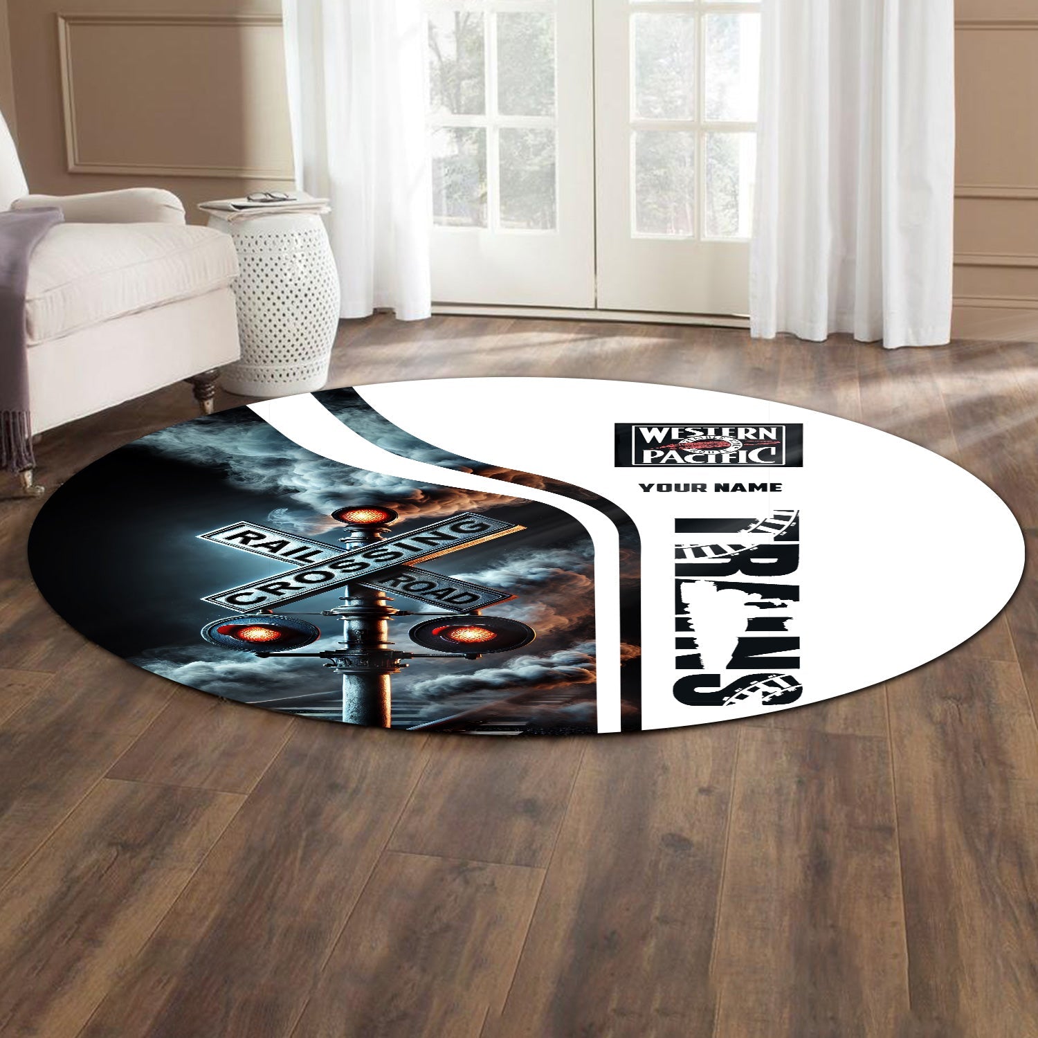 Railspirit Personalized Western Pacific Railroad Round Mat Railroad Crossing Sign Mat All Over Print