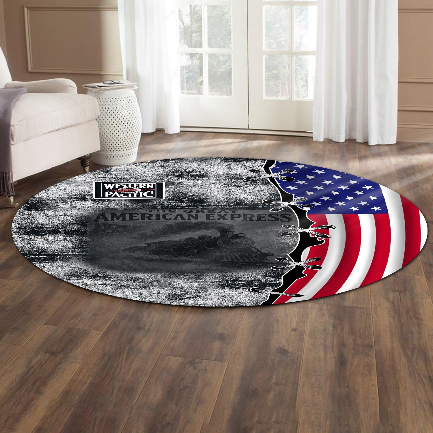 Railspirit Western Pacific Railroad Round Mat Retro American Express Train With USA Flag Round Mat