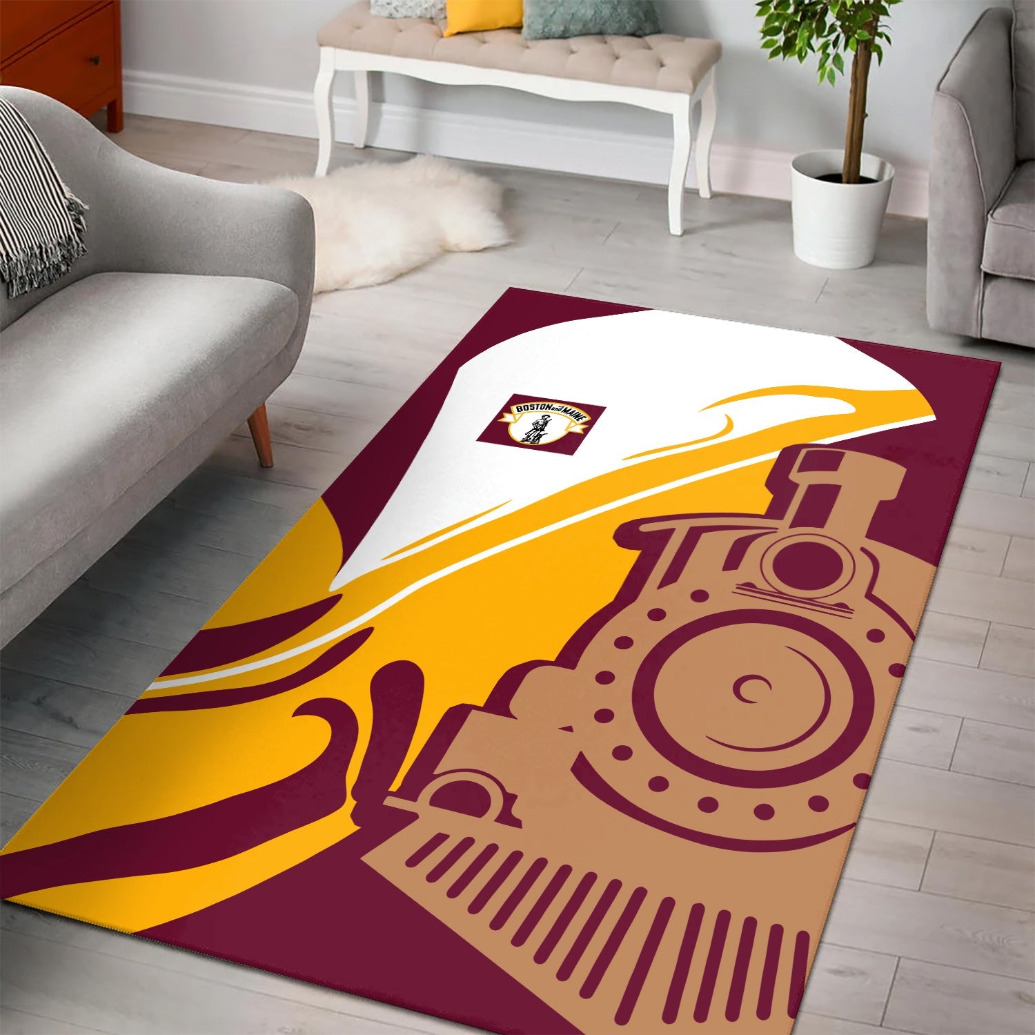 Railspirit Boston and Maine Railroad Area Rug Flame-Inspired Style Rug Gift Idea For Train Lovers