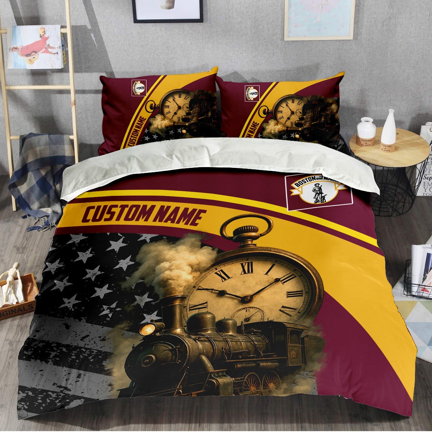 Railspirit Personalized Boston and Maine Railroad Bedding Set Classic Steam Engine With Retro Pocket Watch Bedding Set All Over Print