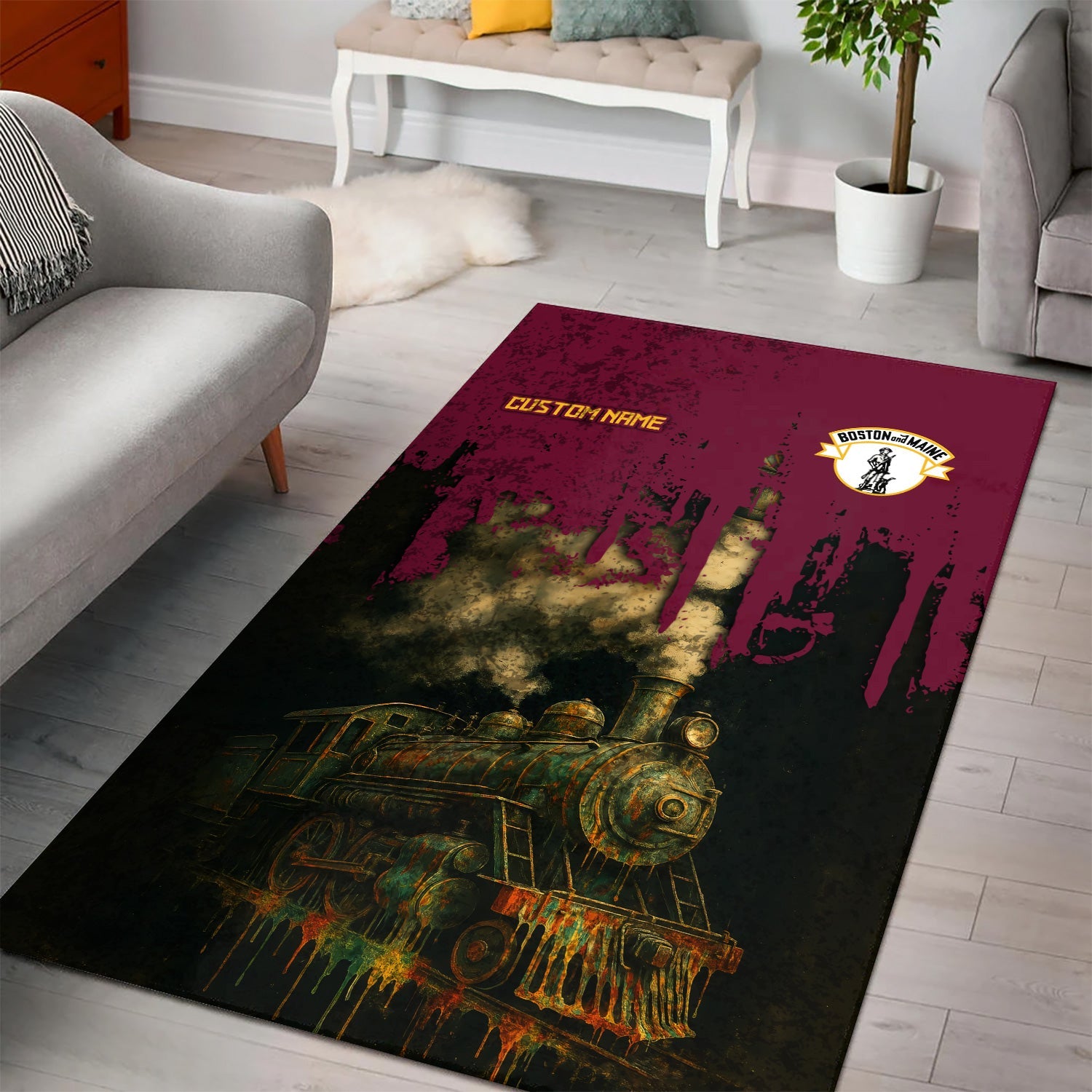 Railspirit Personalized Boston and Maine Railroad Area Rug Vintage Train Art Style Rug For Locomotive Fans